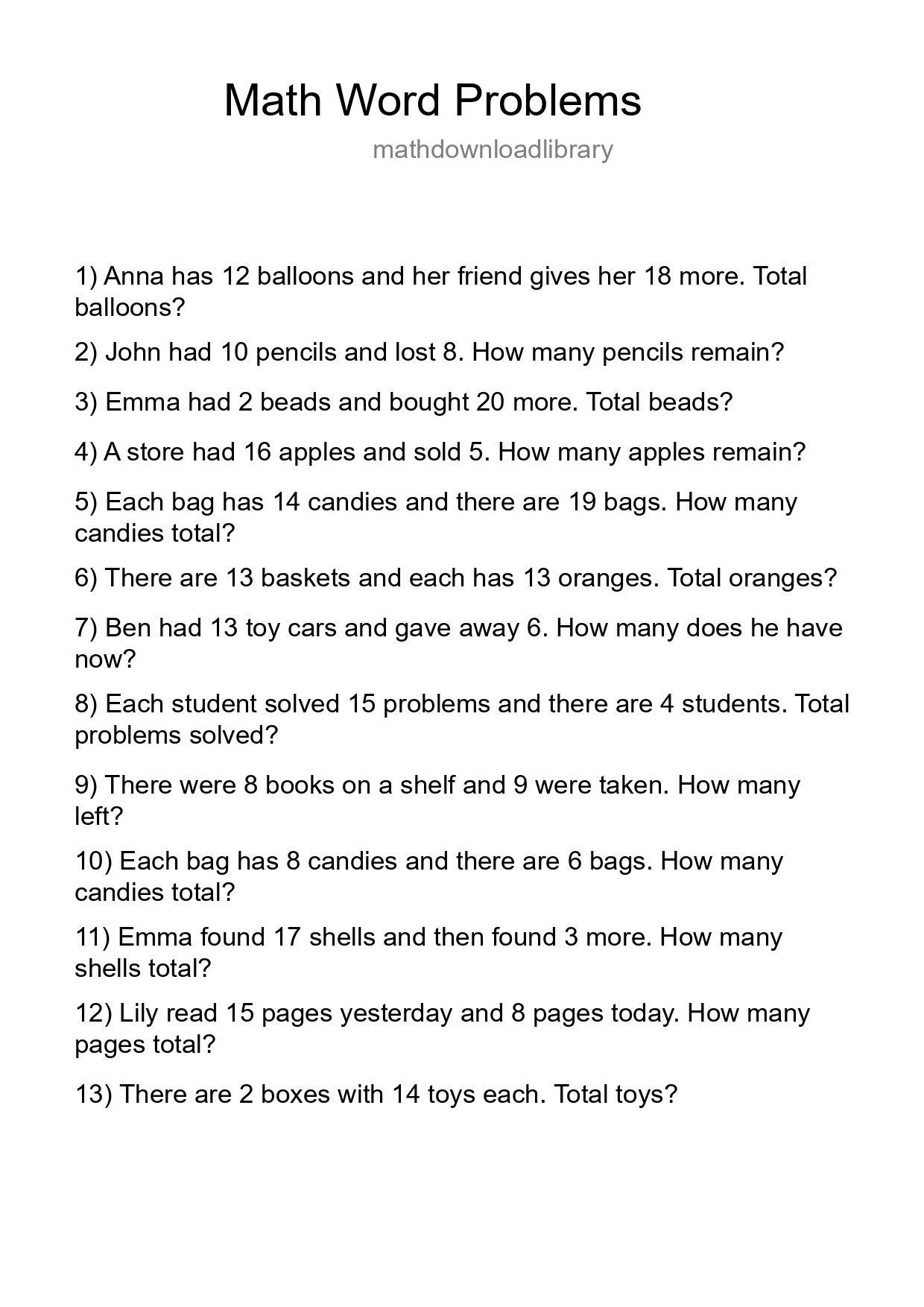 Math Word Problem Worksheet