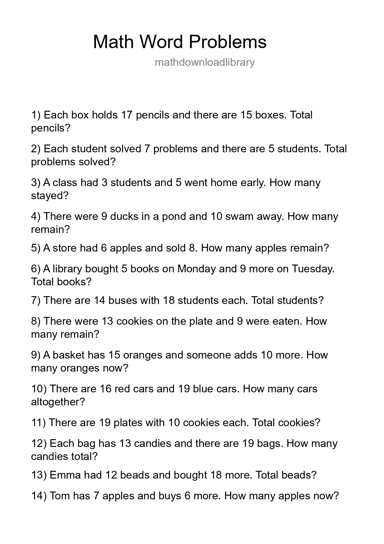 Math Word Problem Worksheet