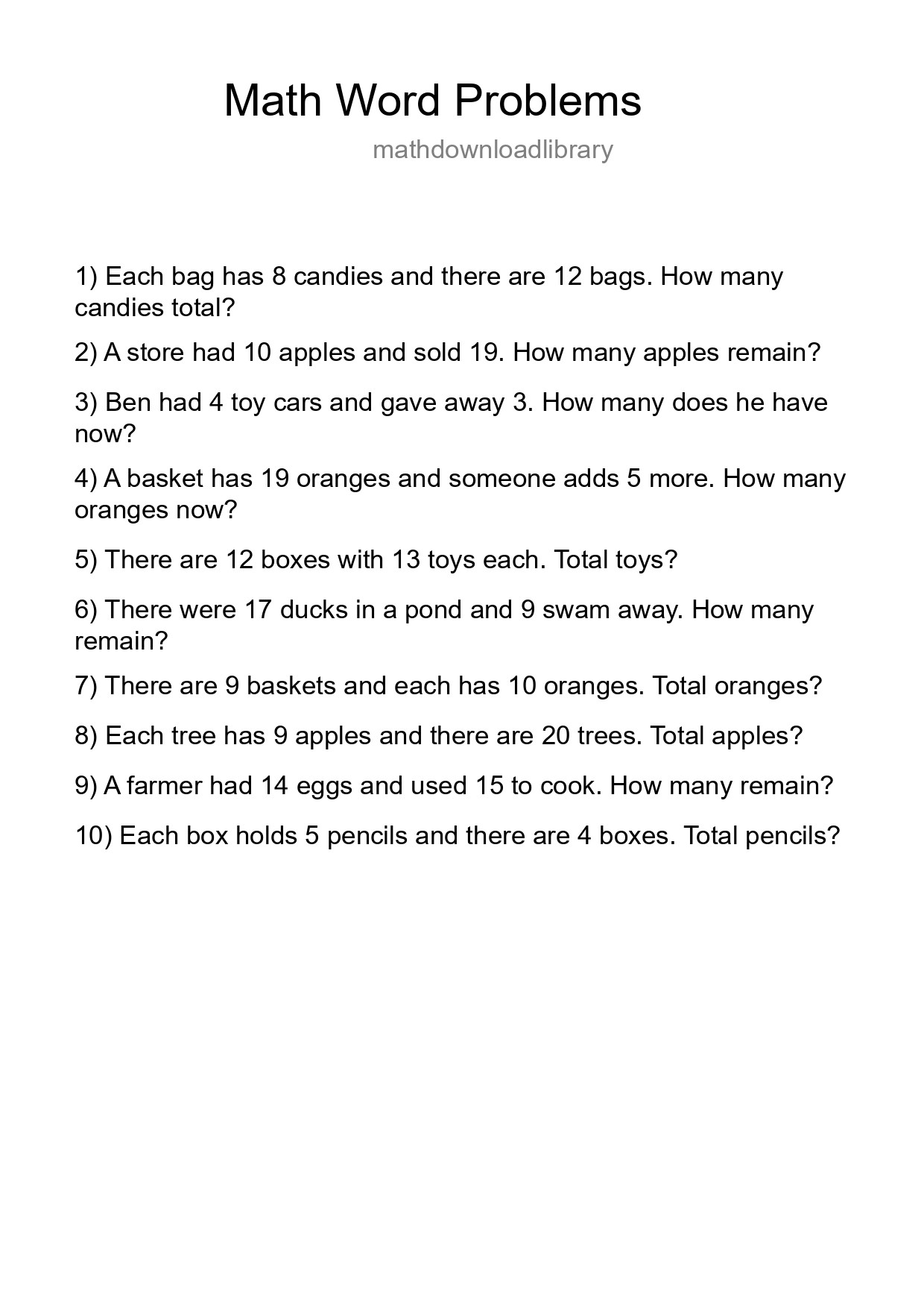 Math Word Problem Worksheet