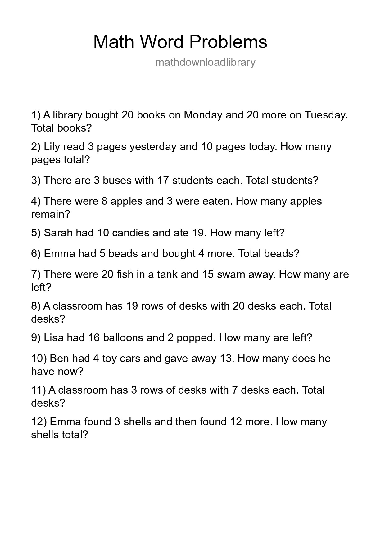 Math Word Problem Worksheet