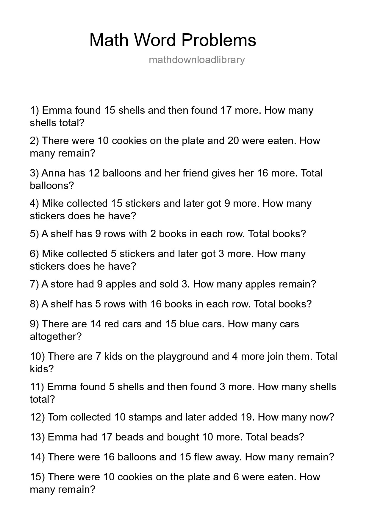 Math Word Problem Worksheet