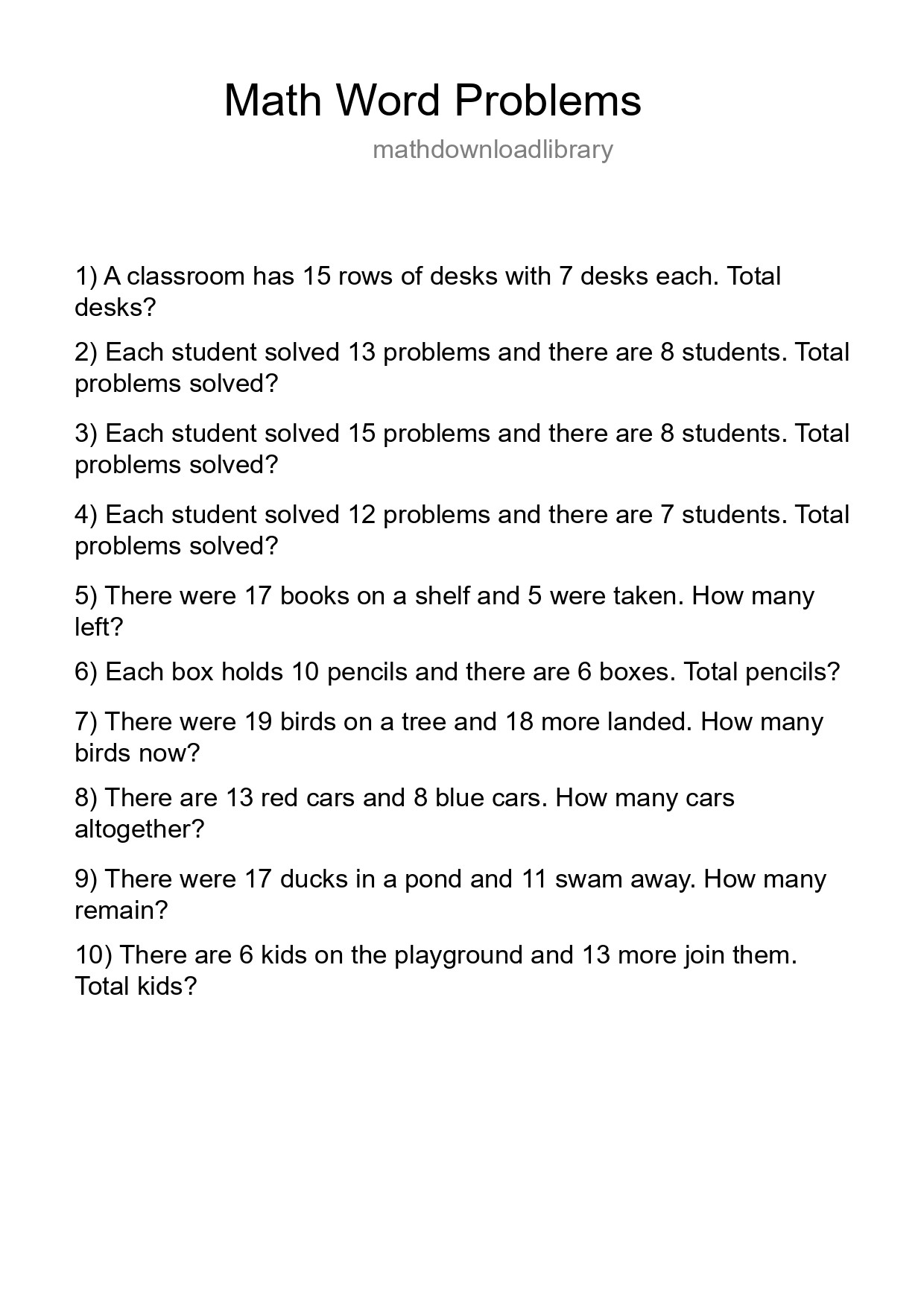 Math Word Problem Worksheet