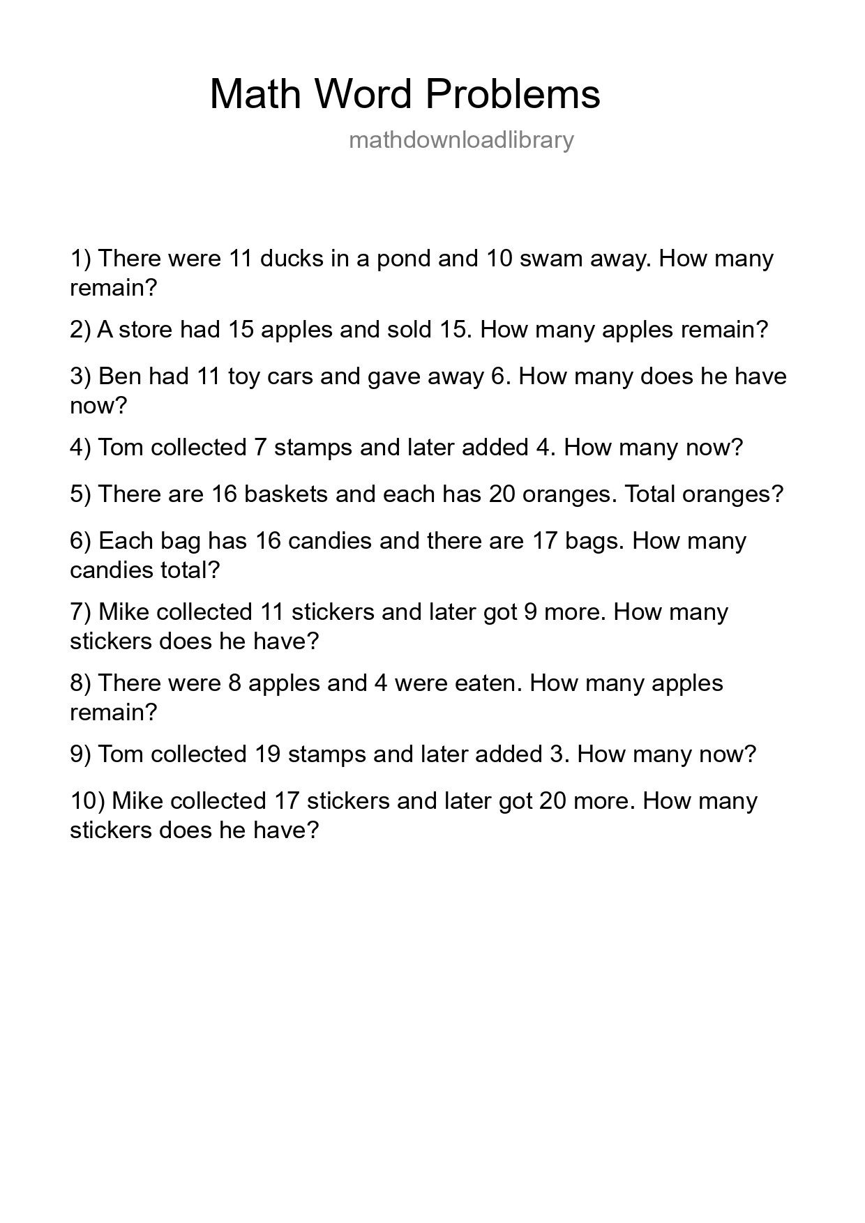 Math Word Problem Worksheet