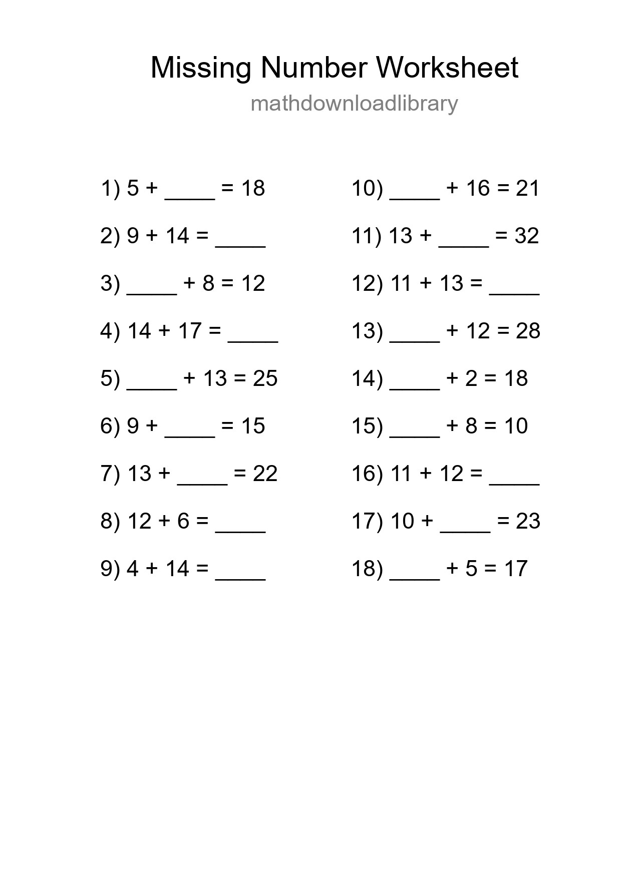 Missing Number Math Worksheet