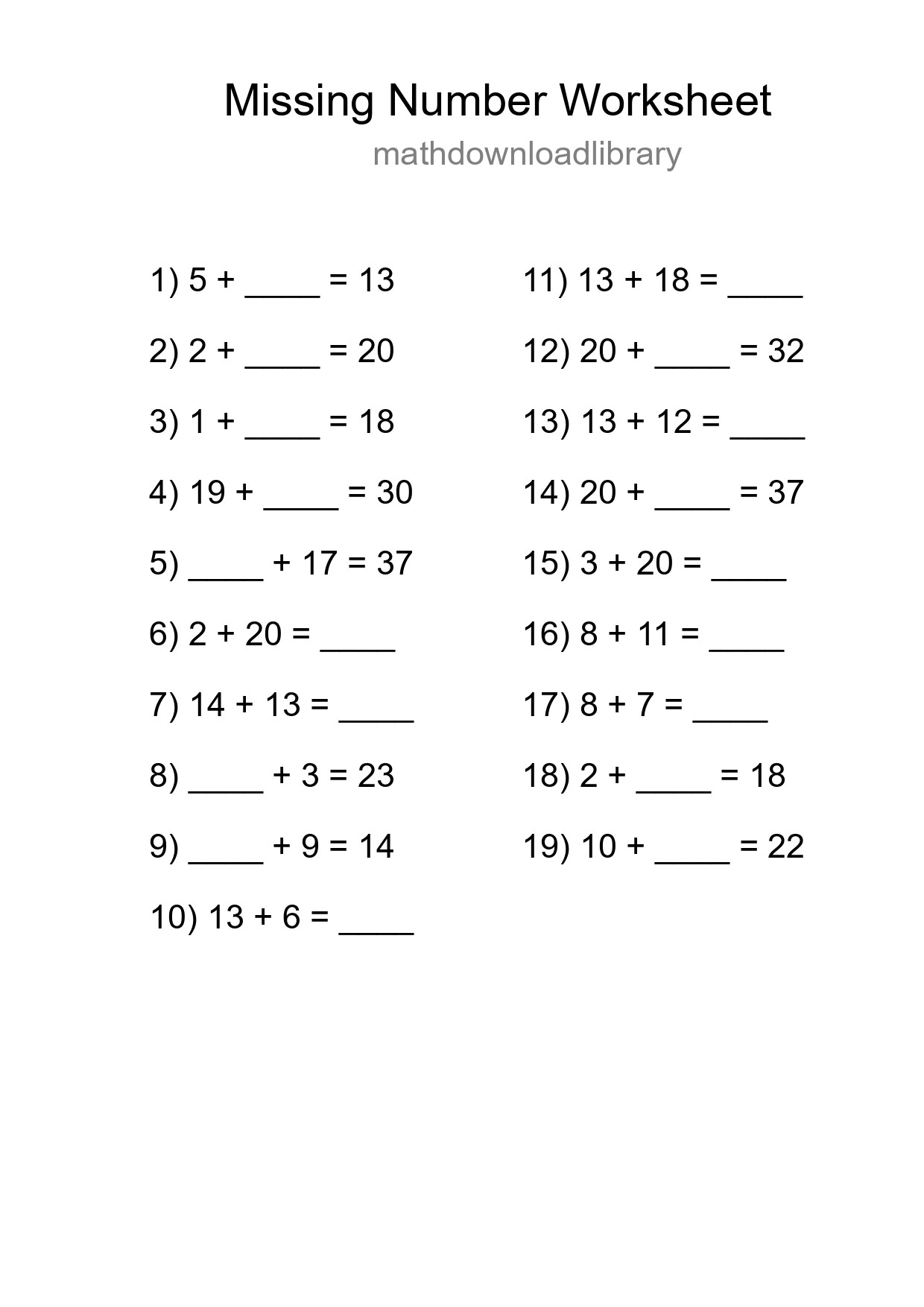 Missing Number Math Worksheet