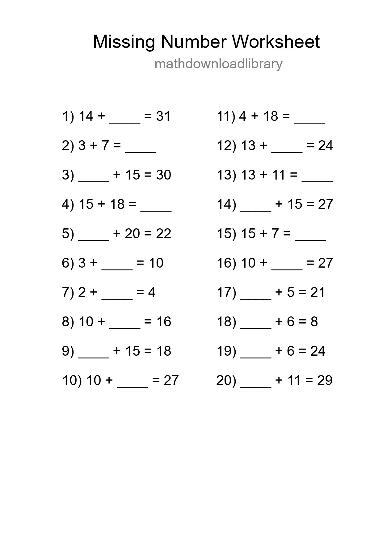 Missing Number Math Worksheet