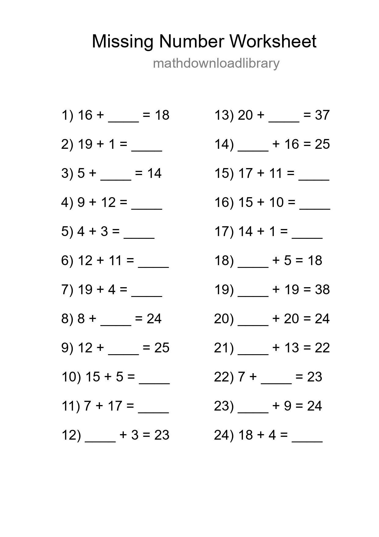 Missing Number Math Worksheet