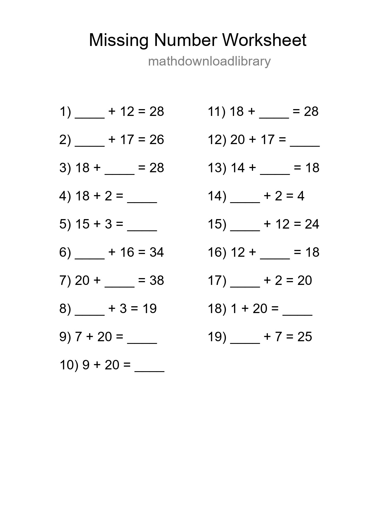 Missing Number Math Worksheet
