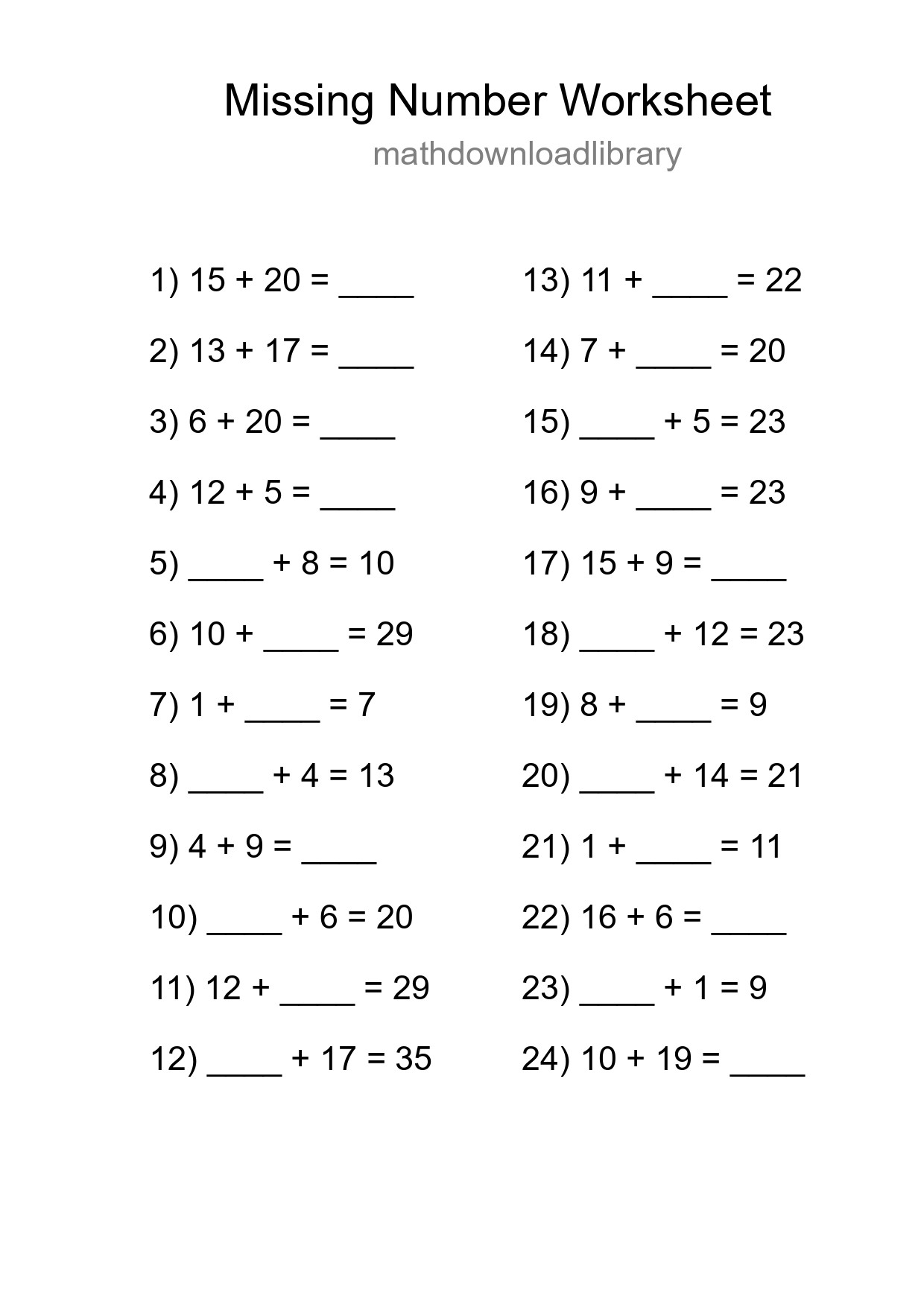 Missing Number Math Worksheet