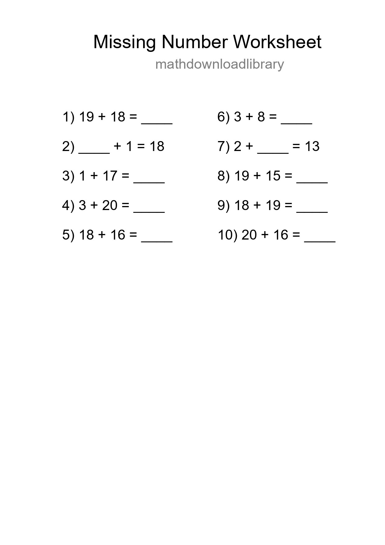 Missing Number Math Worksheet