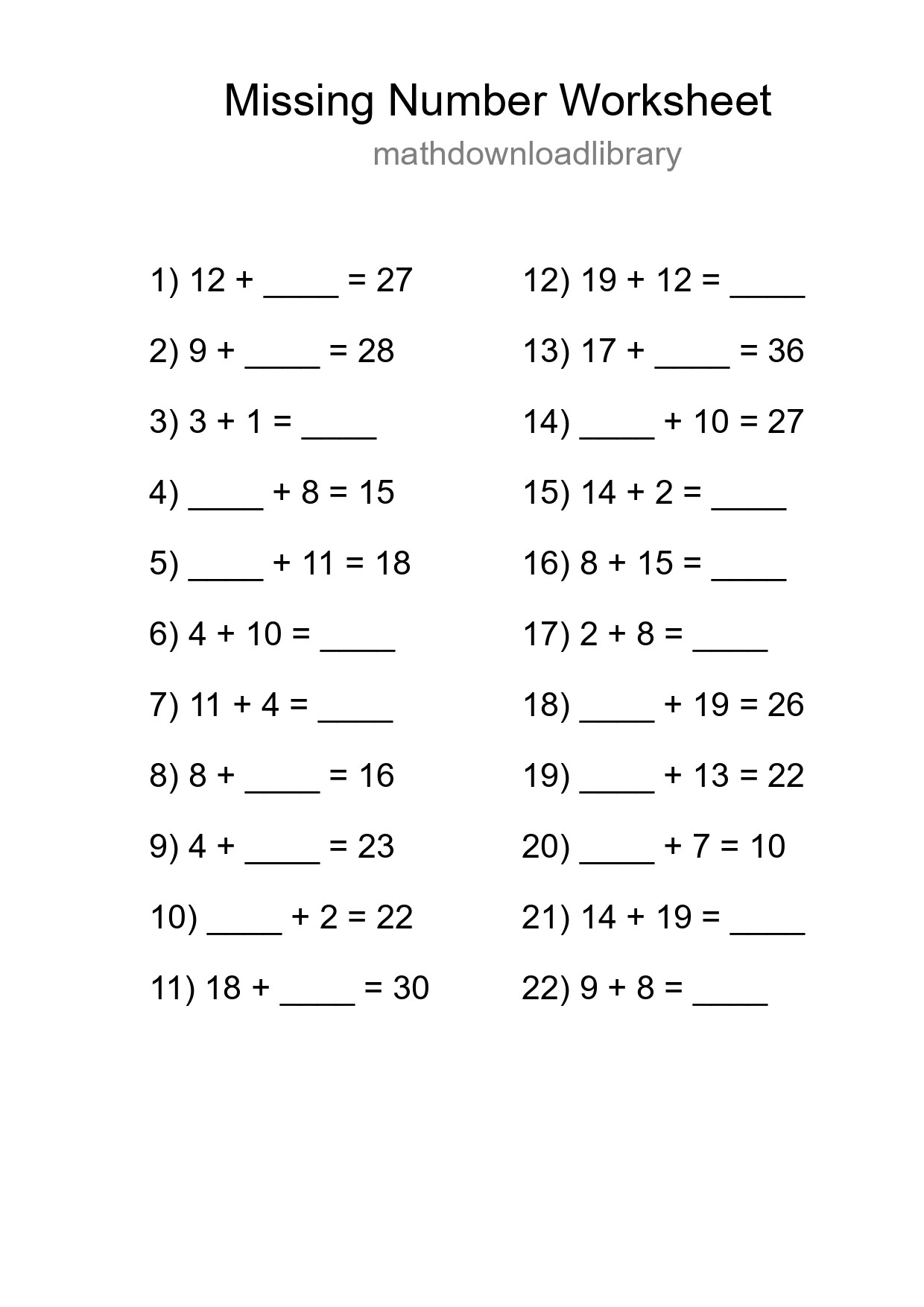 Missing Number Math Worksheet