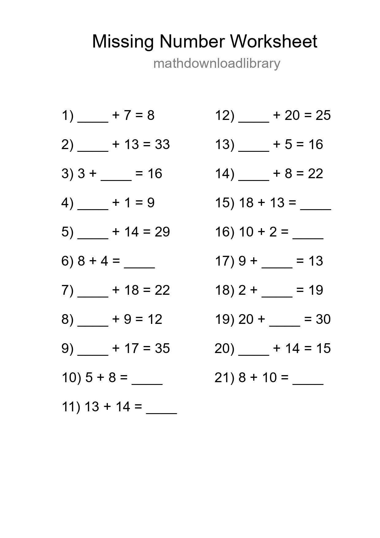 Missing Number Math Worksheet