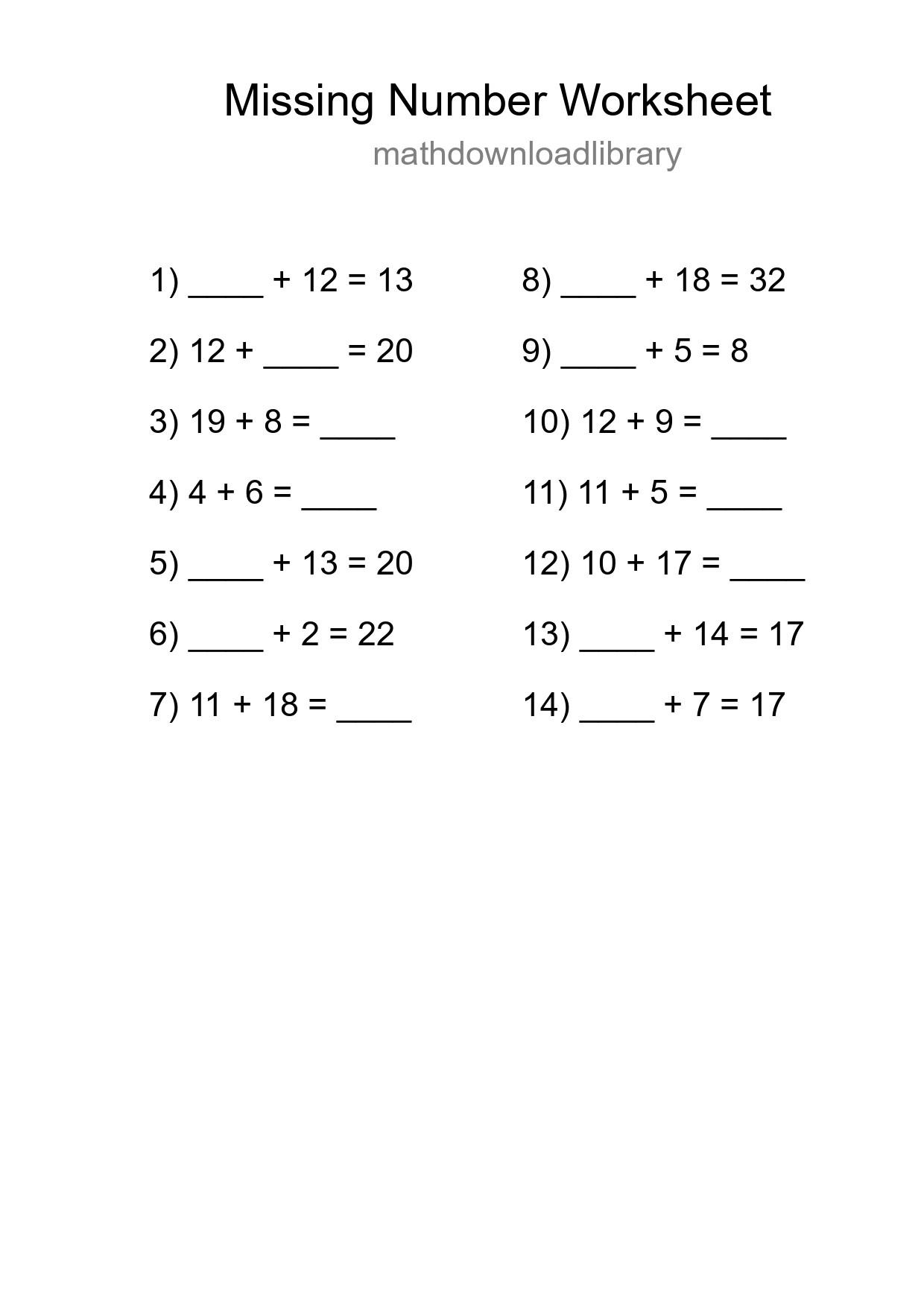 Missing Number Math Worksheet