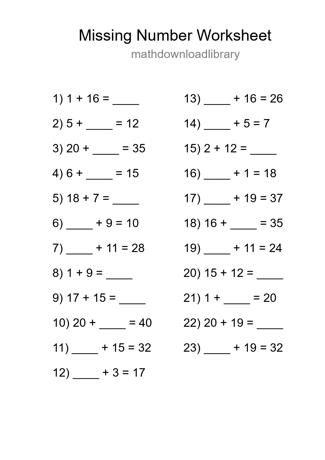 Missing Number Math Worksheet