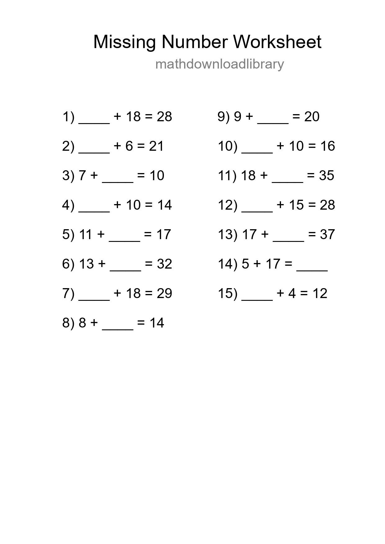 Missing Number Math Worksheet