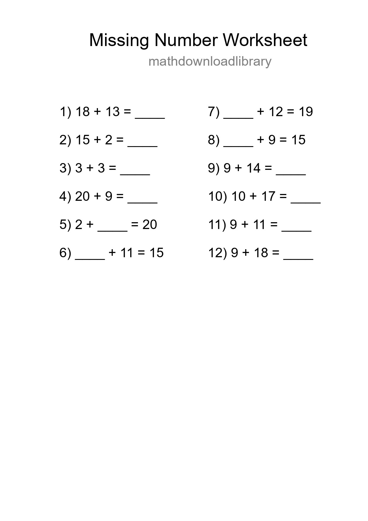 Missing Number Math Worksheet