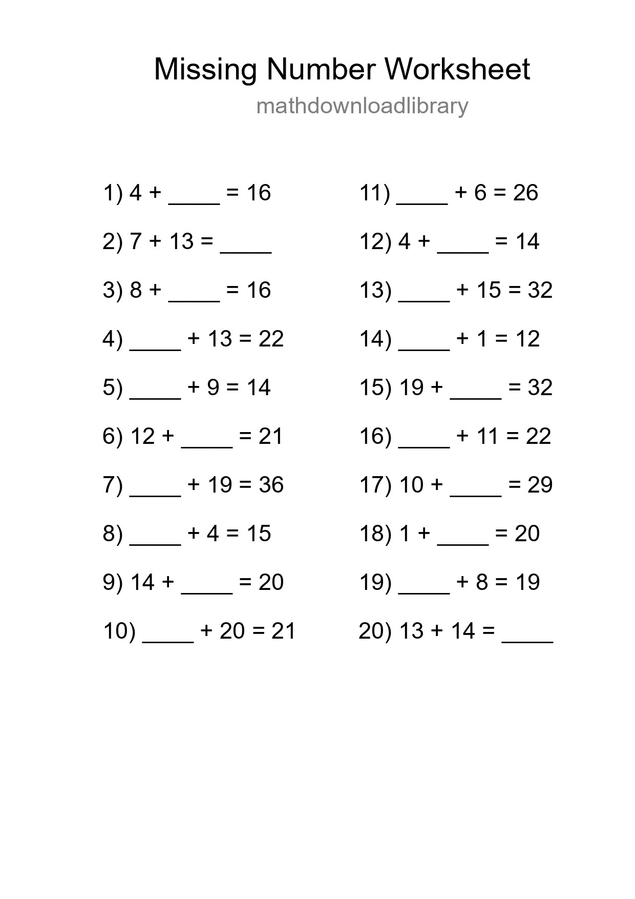 Missing Number Math Worksheet