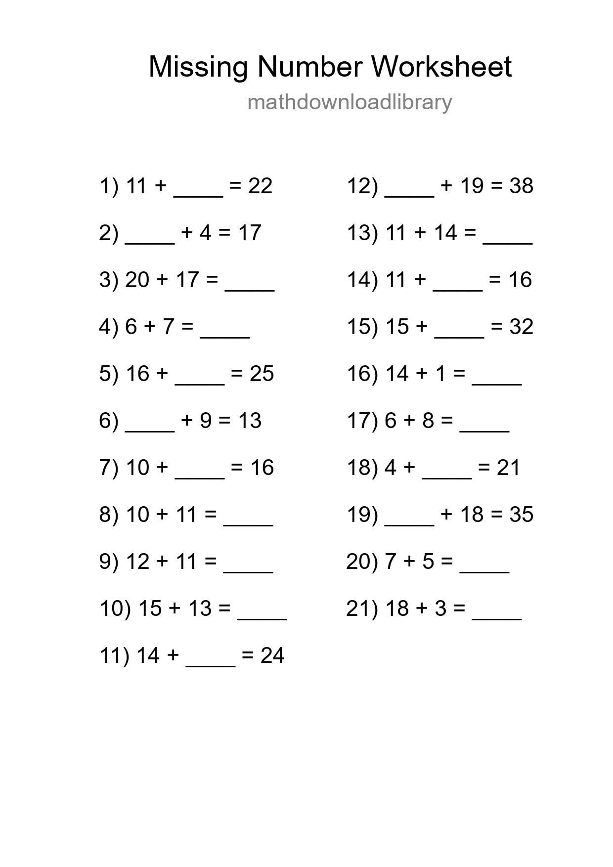Missing Number Math Worksheet
