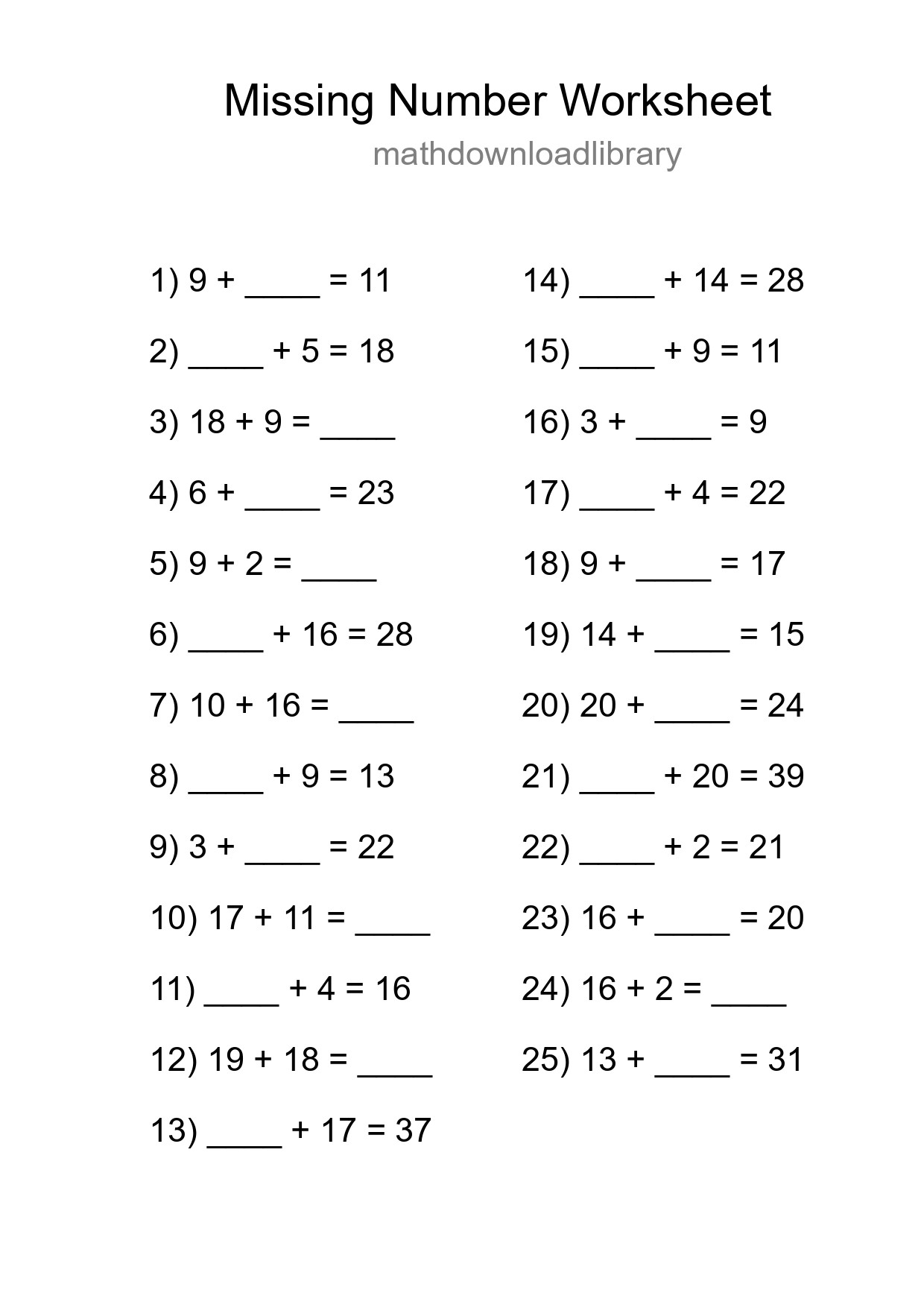 Missing Number Math Worksheet