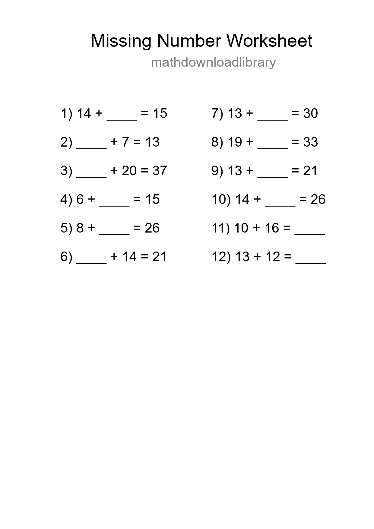 Missing Number Math Worksheet