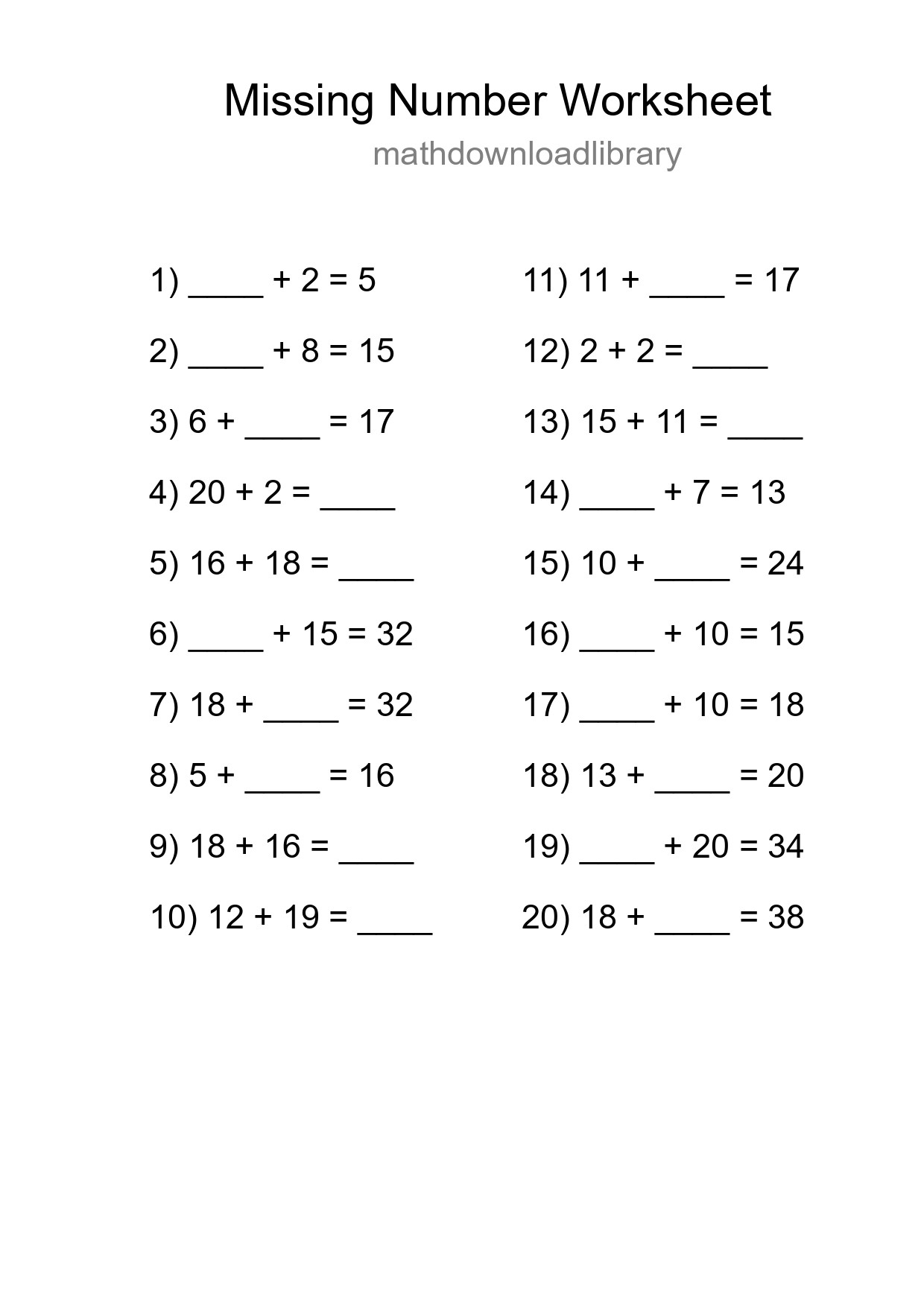 Missing Number Math Worksheet