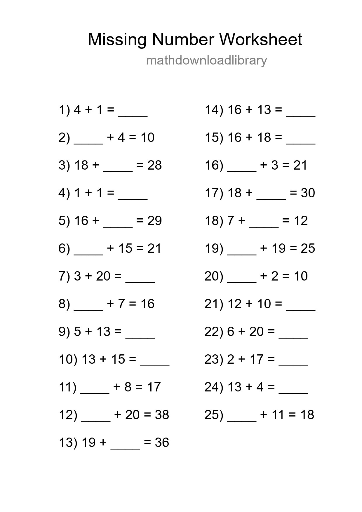 Missing Number Math Worksheet