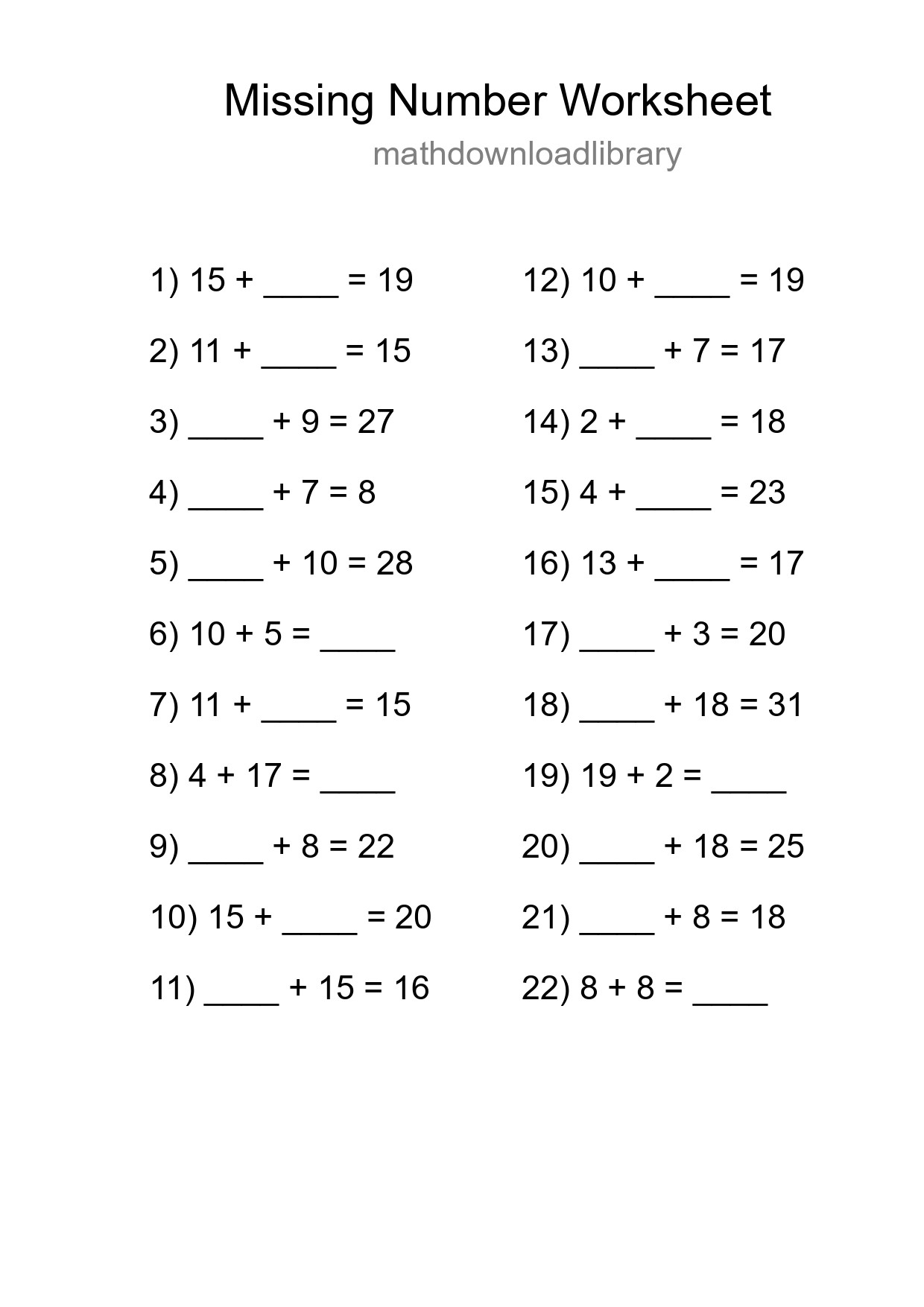 Missing Number Math Worksheet