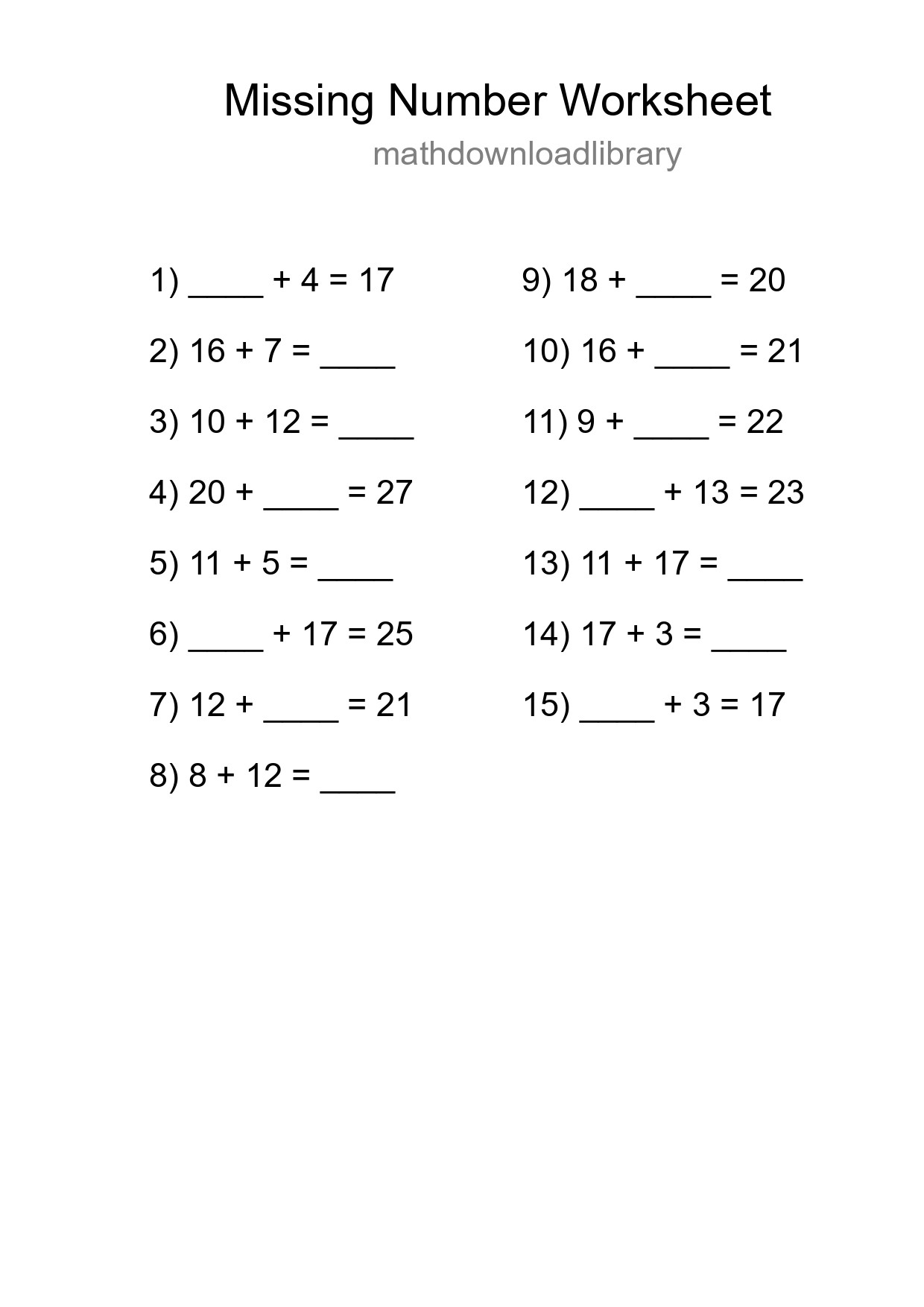 Missing Number Math Worksheet