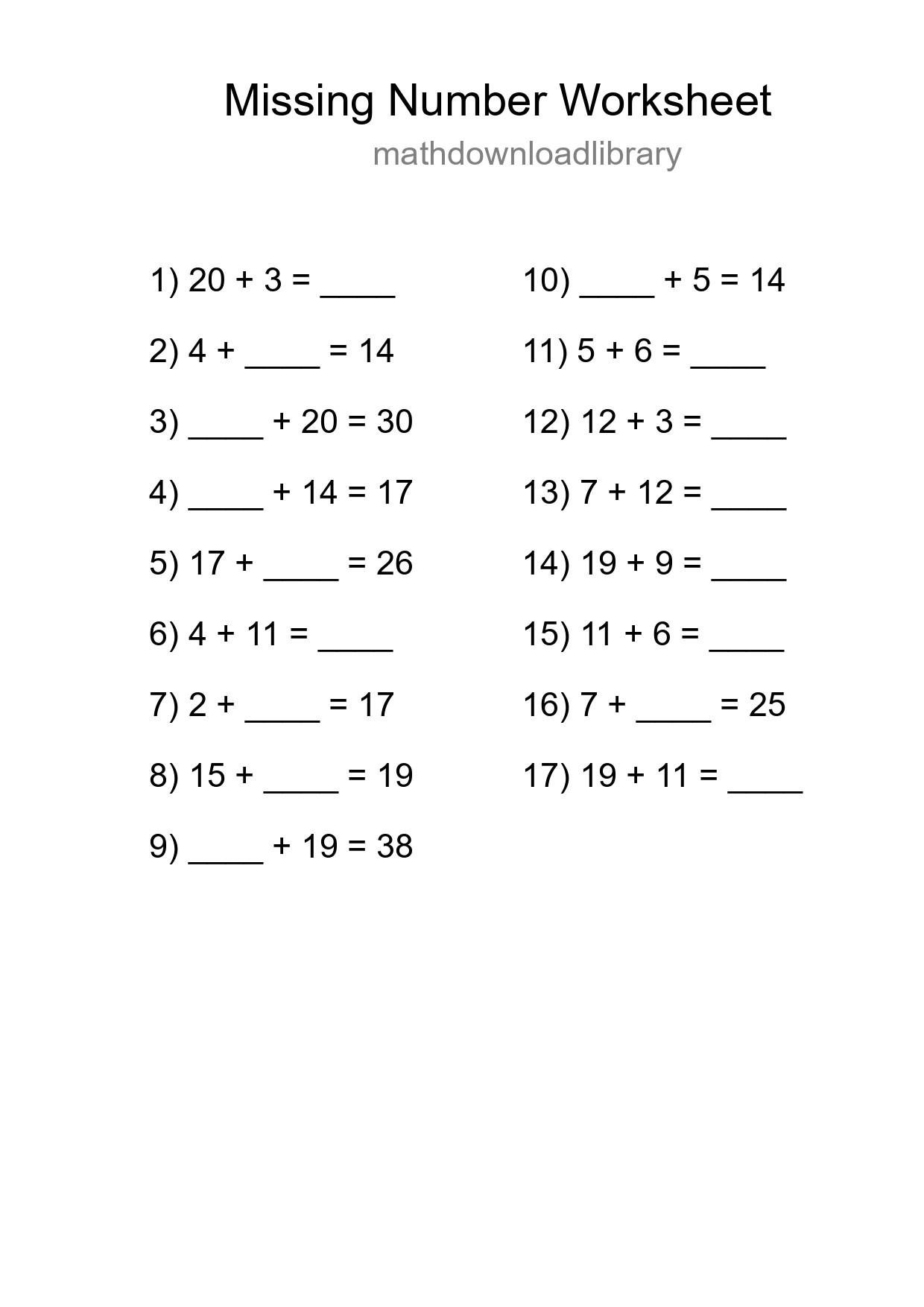Missing Number Math Worksheet