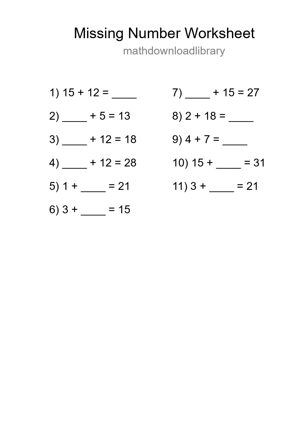 Missing Number Math Worksheet