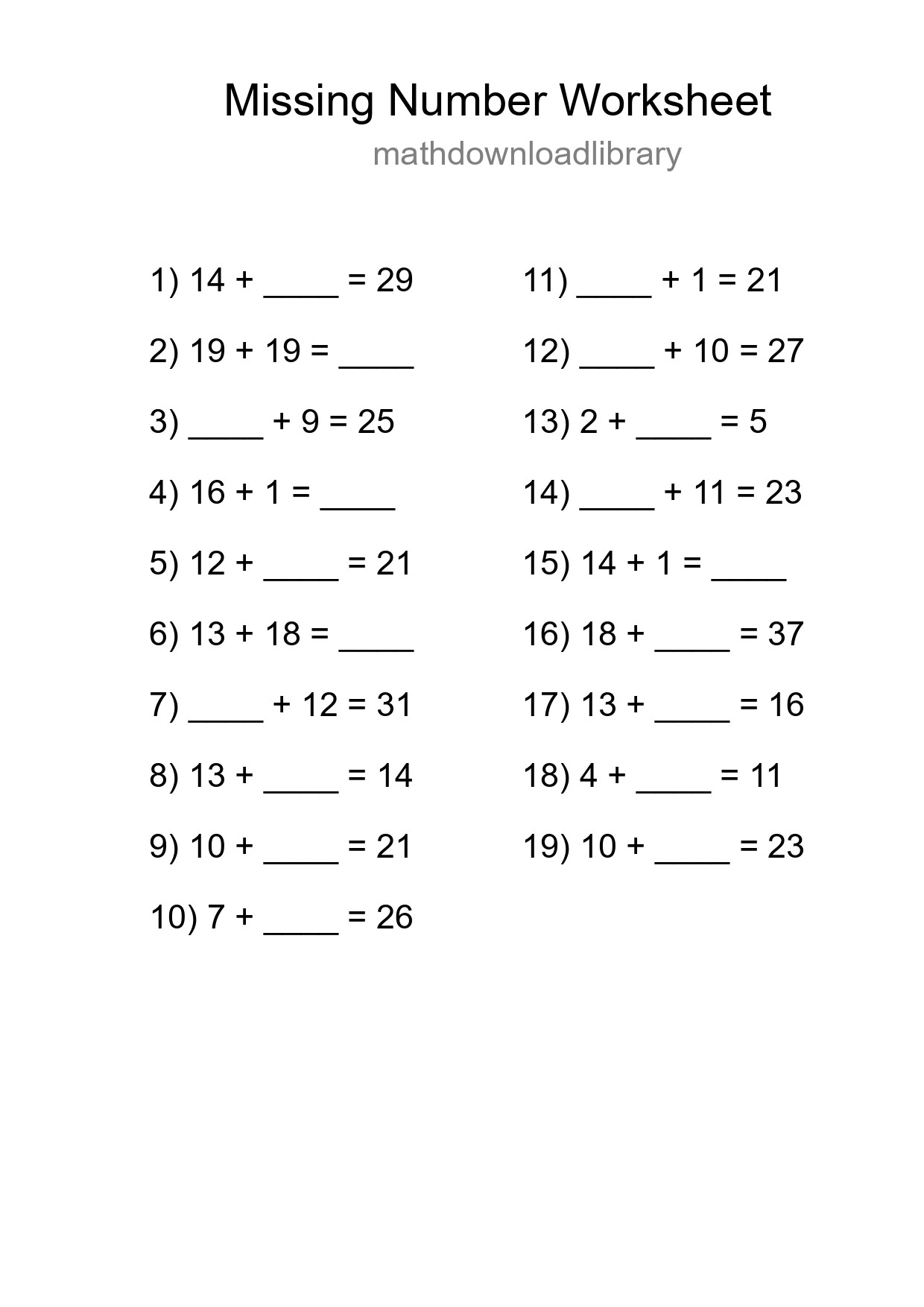 Missing Number Math Worksheet