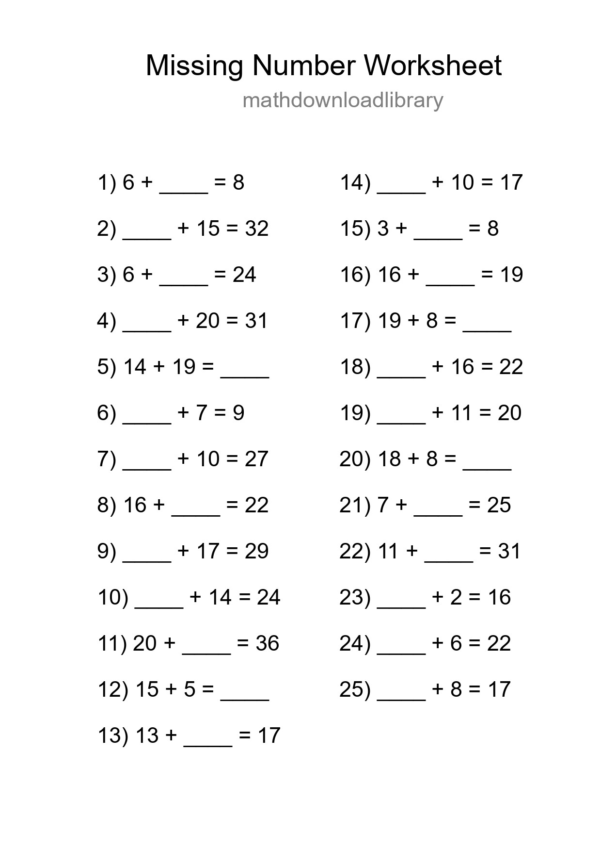 Missing Number Math Worksheet