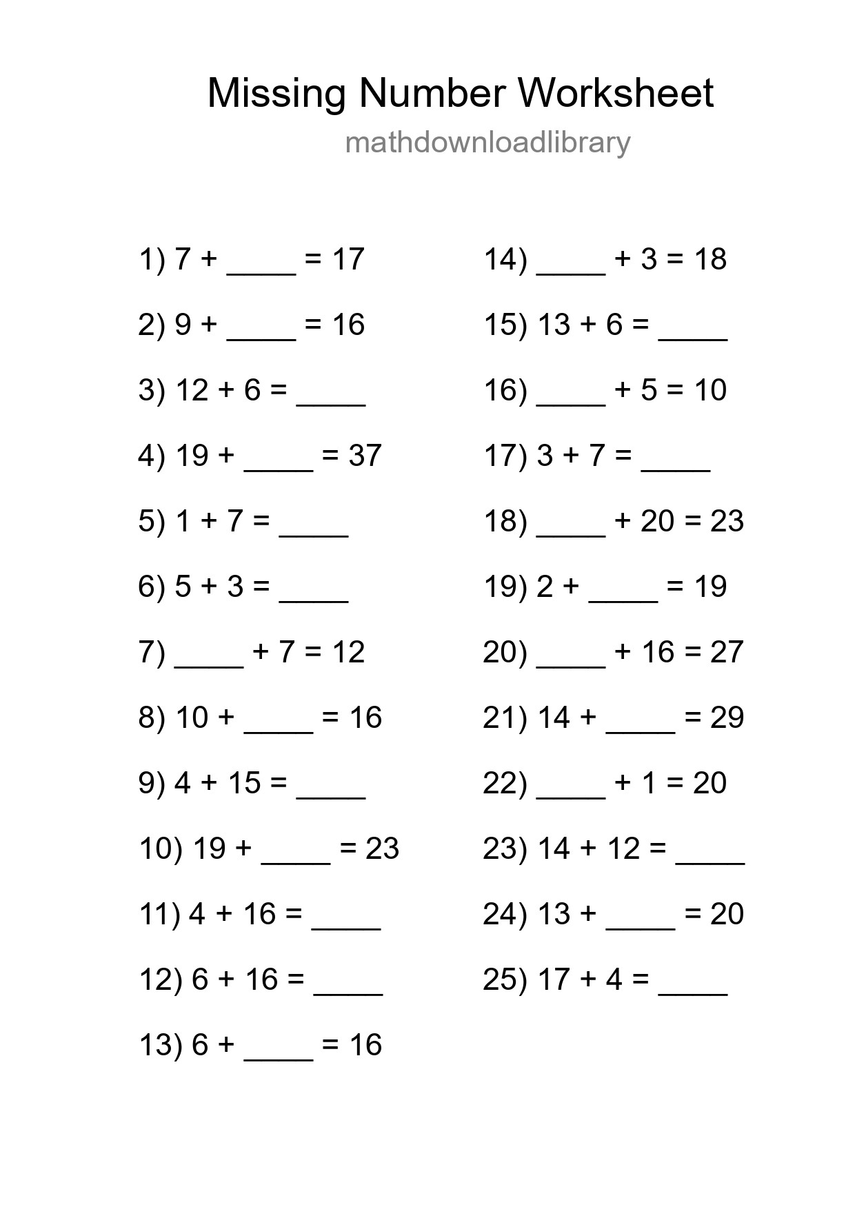 Missing Number Math Worksheet