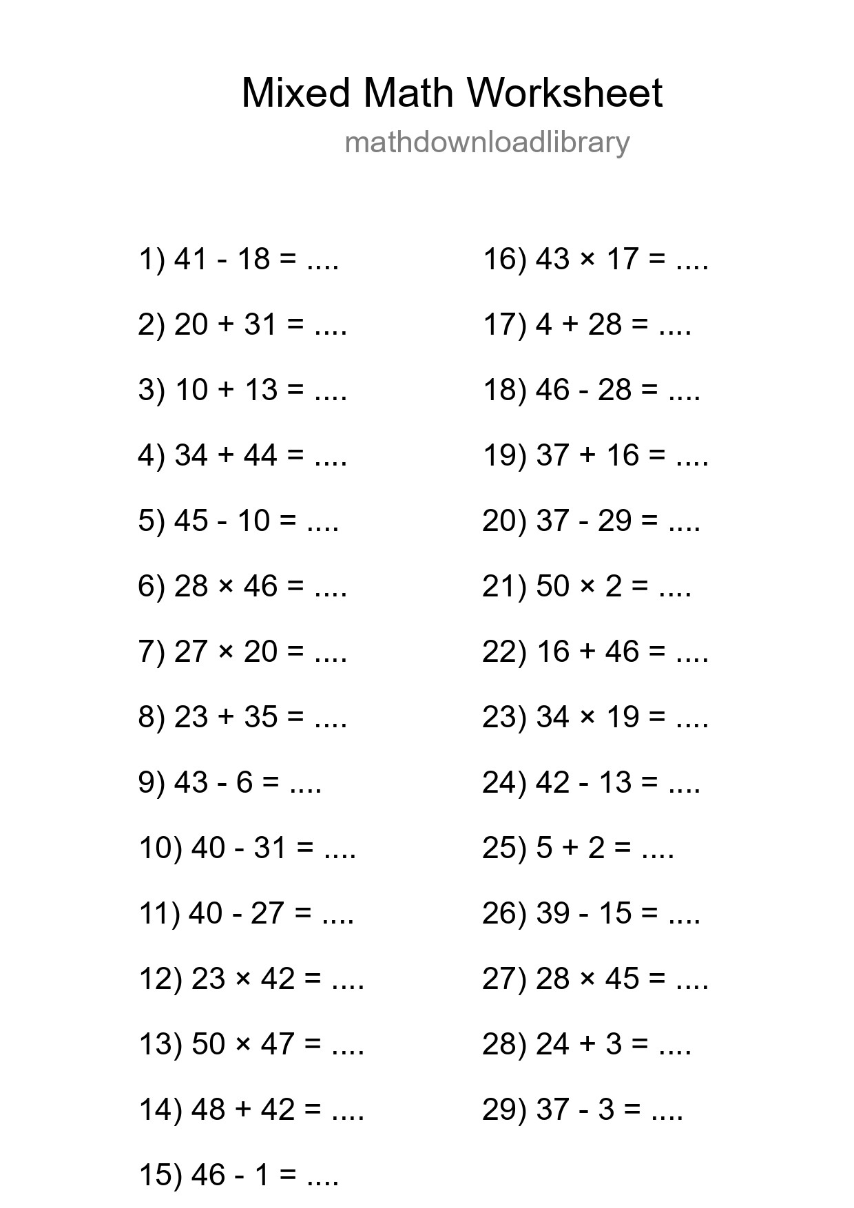 Mixed Operations Math Worksheet