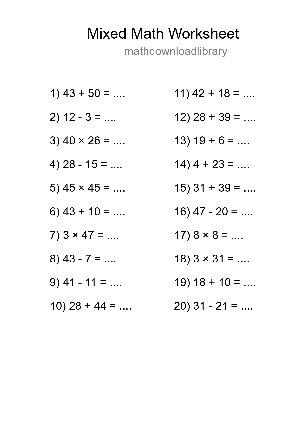 Mixed Operations Math Worksheet