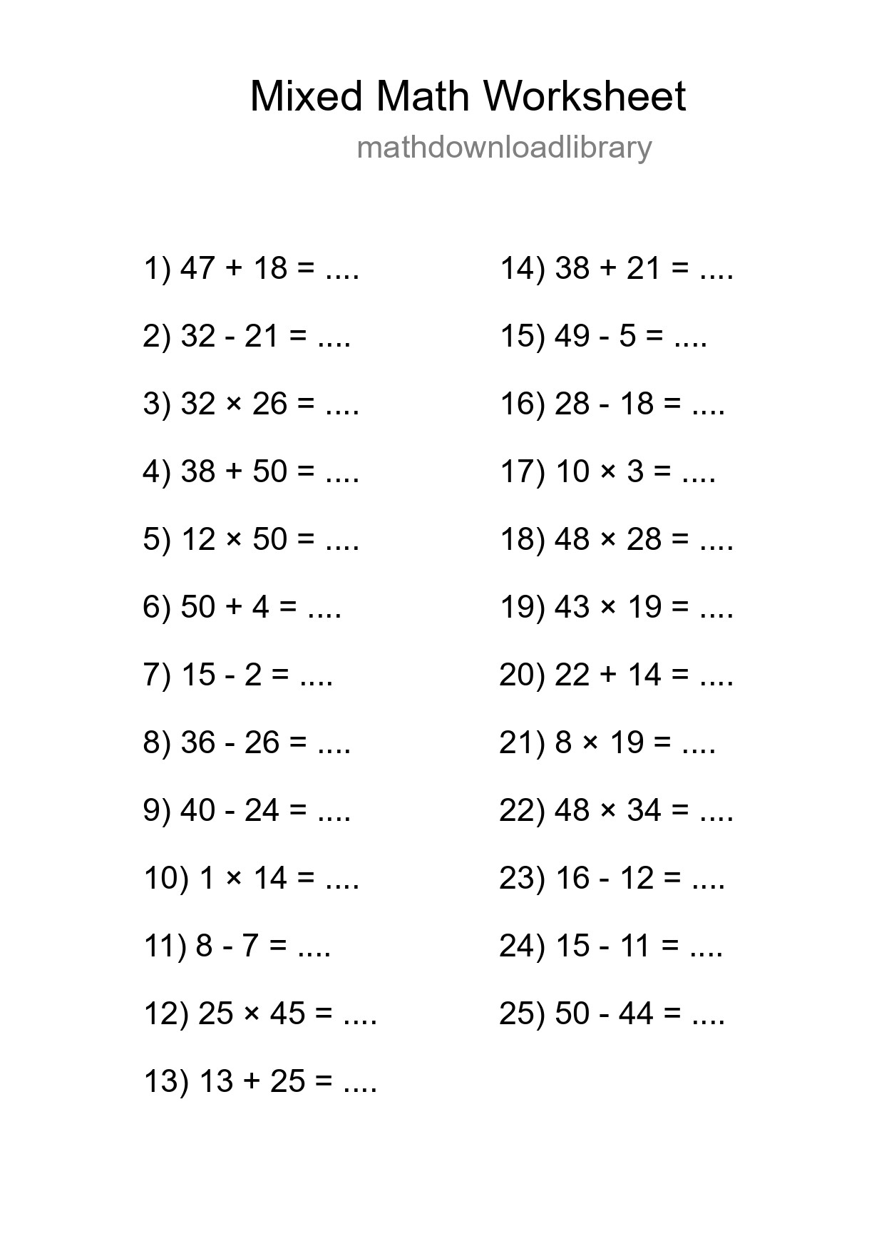 Mixed Operations Math Worksheet
