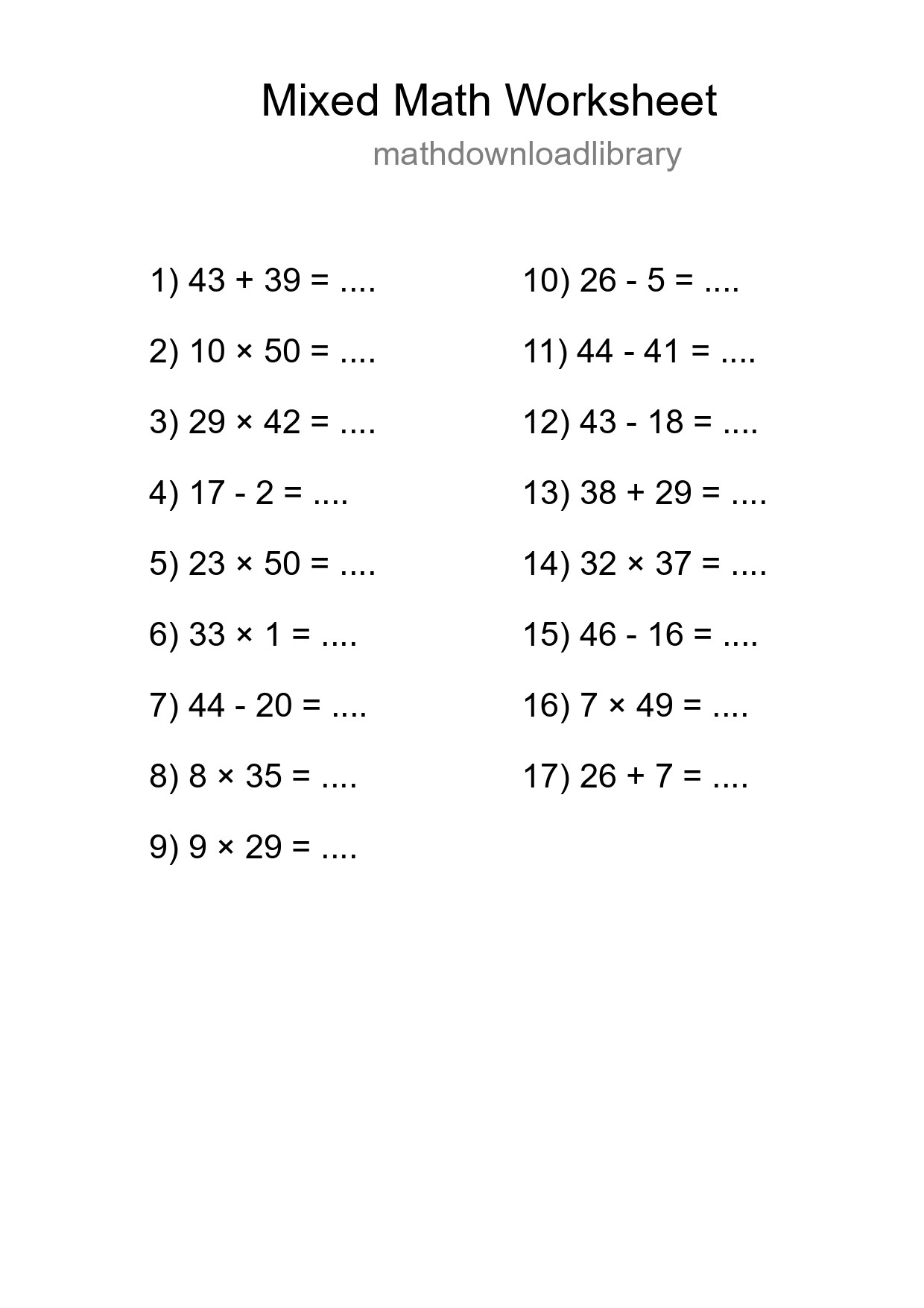Mixed Operations Math Worksheet