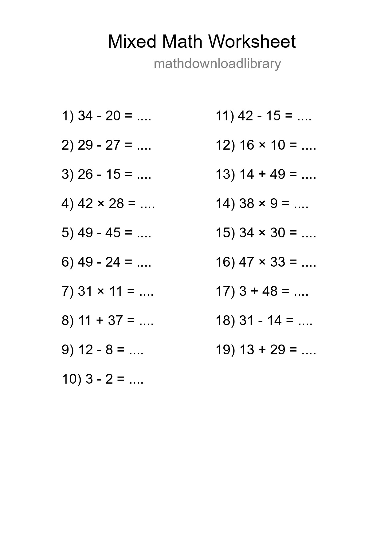 Mixed Operations Math Worksheet