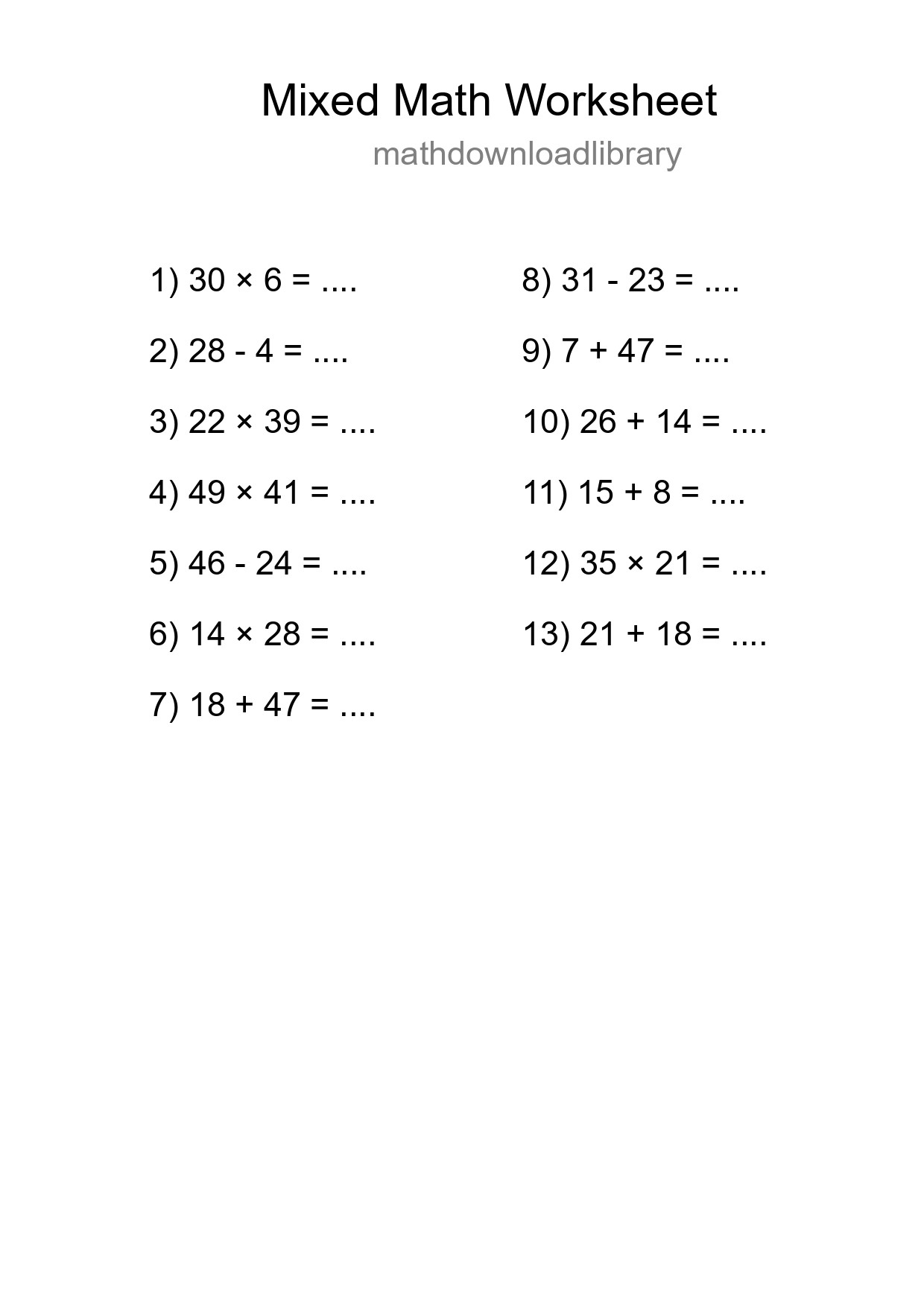 Mixed Operations Math Worksheet