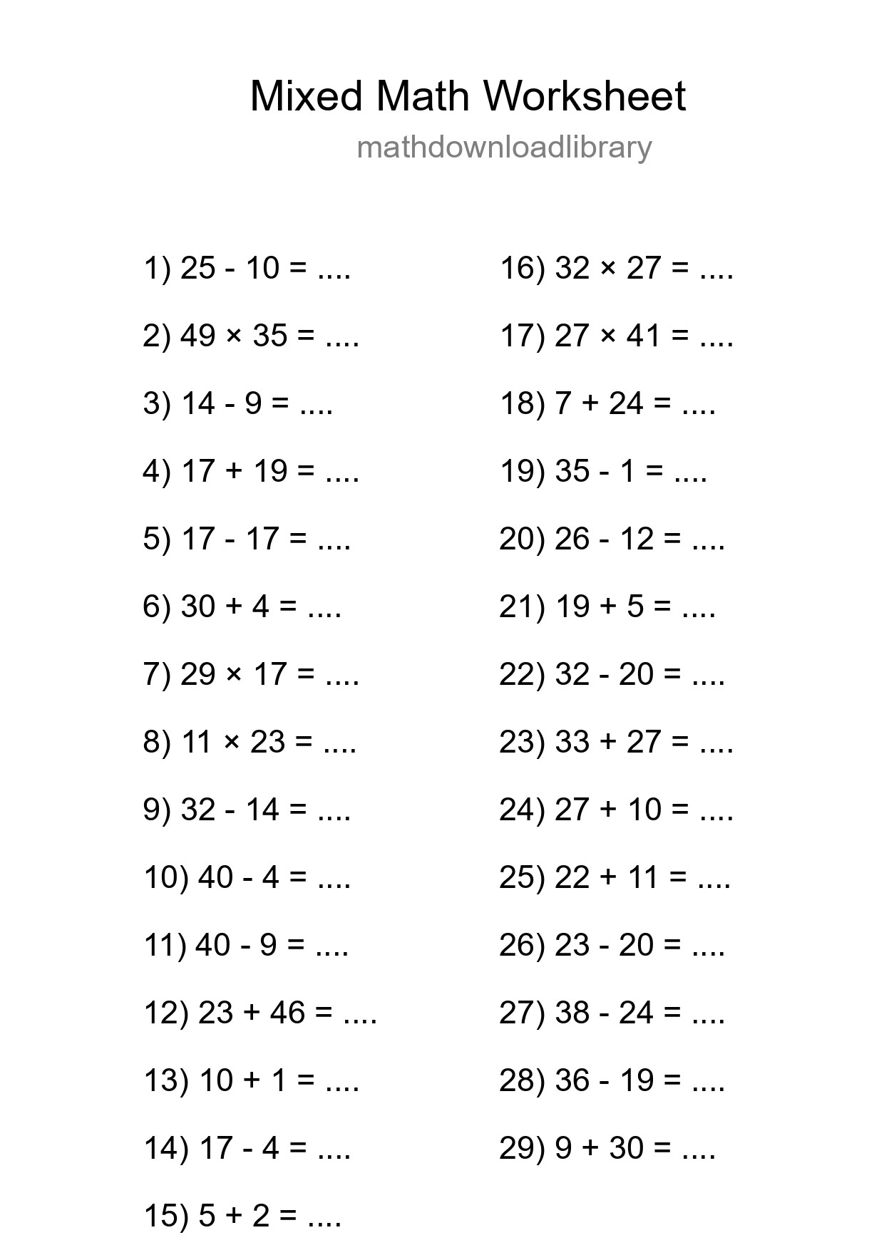 Mixed Operations Math Worksheet