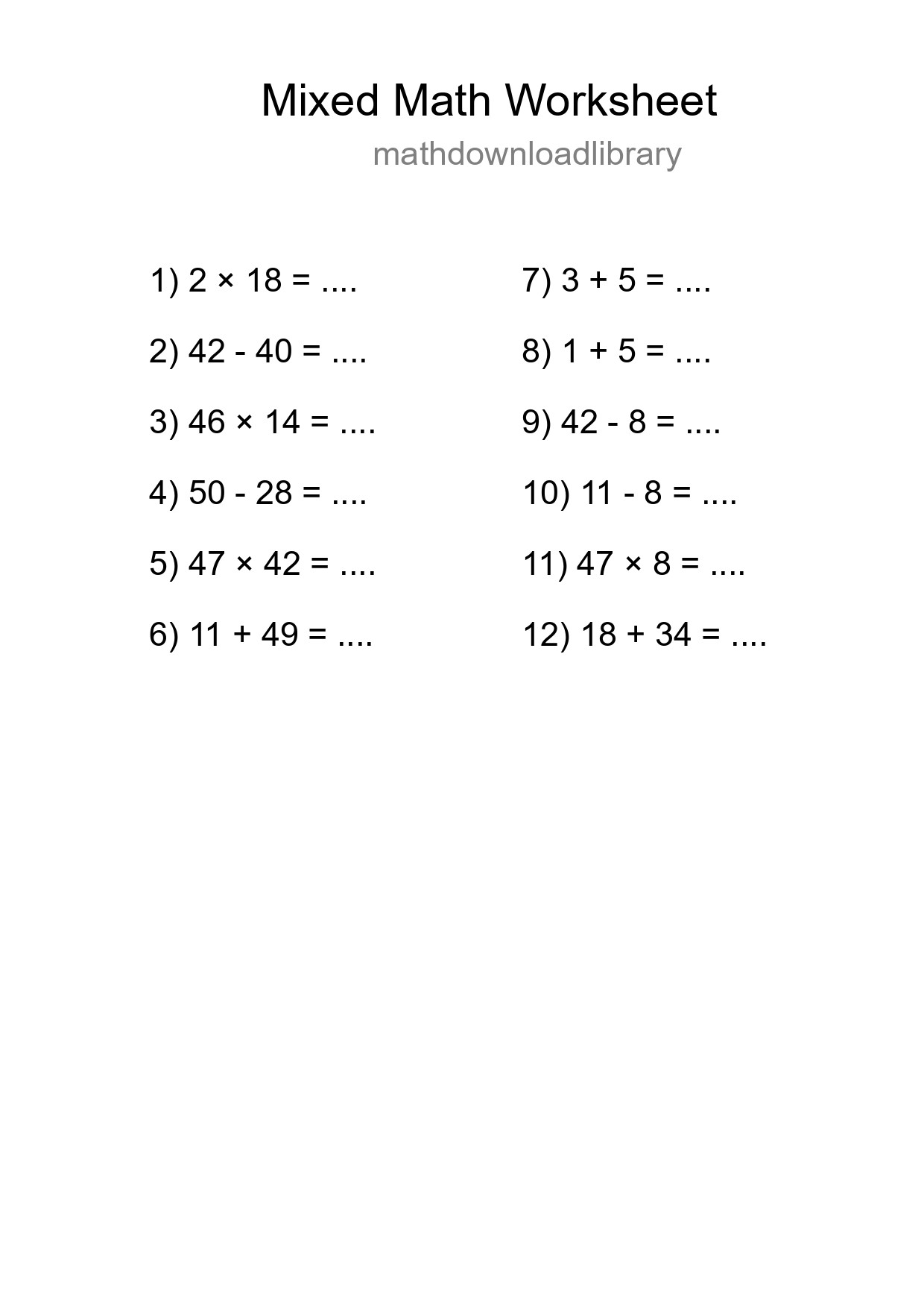 Mixed Operations Math Worksheet