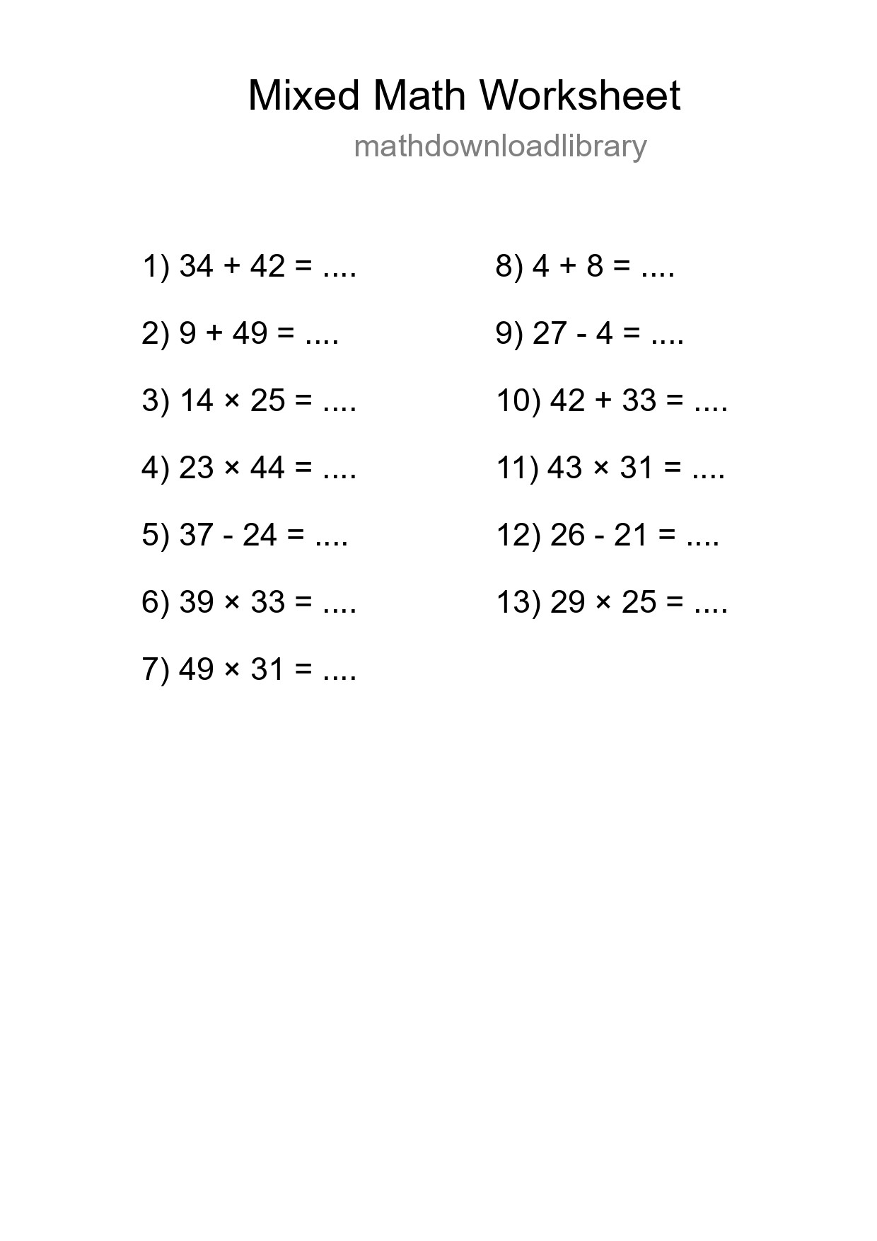 Mixed Operations Math Worksheet