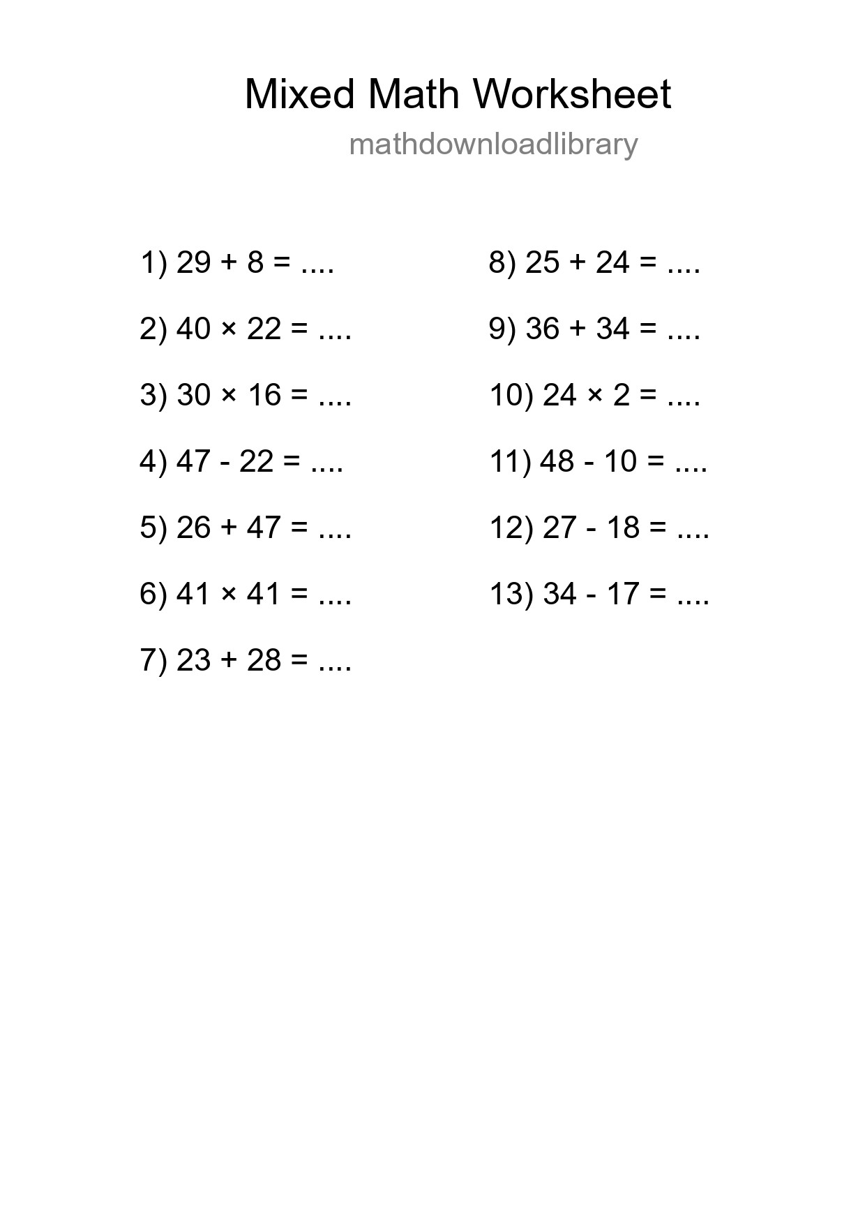 Mixed Operations Math Worksheet