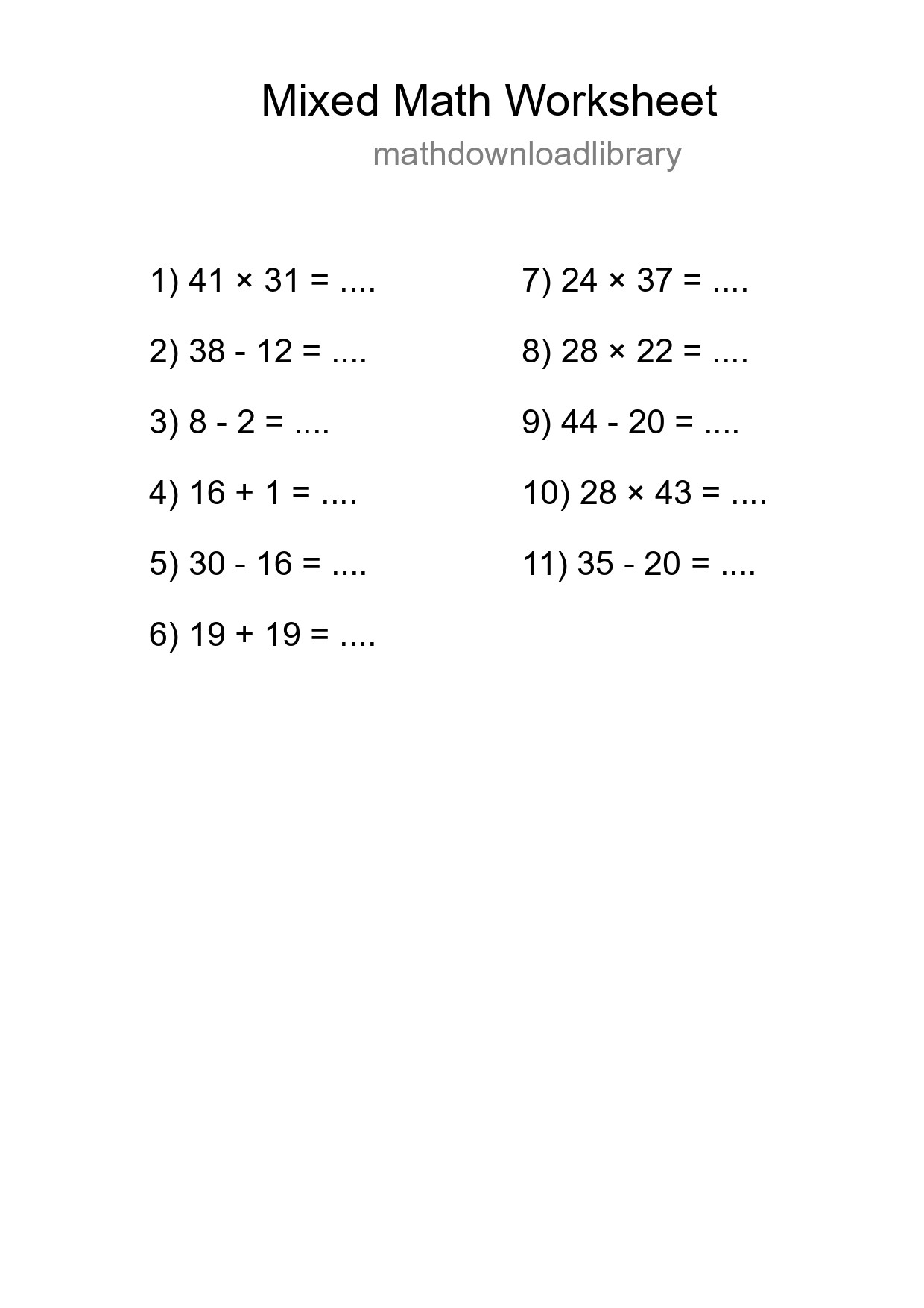 Mixed Operations Math Worksheet