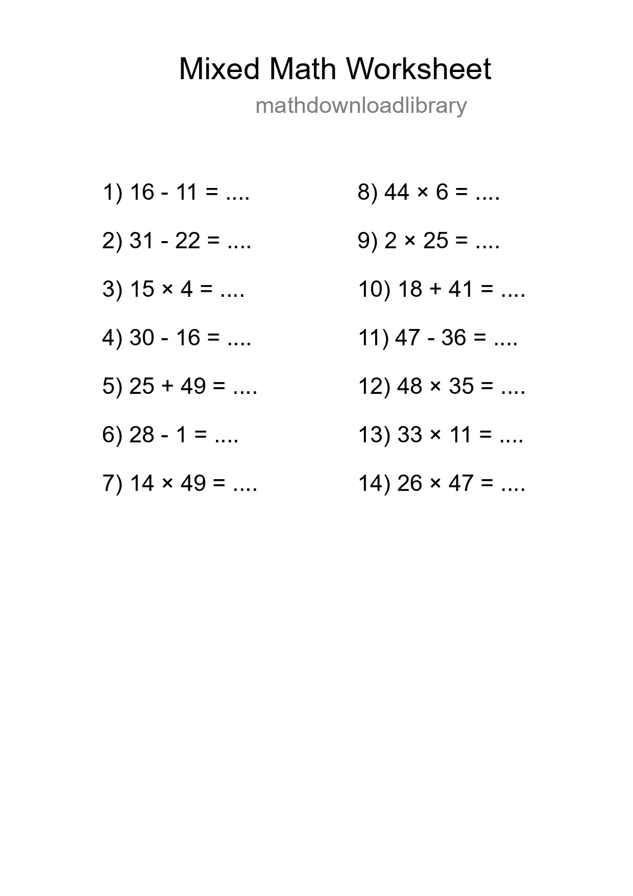 Mixed Operations Math Worksheet