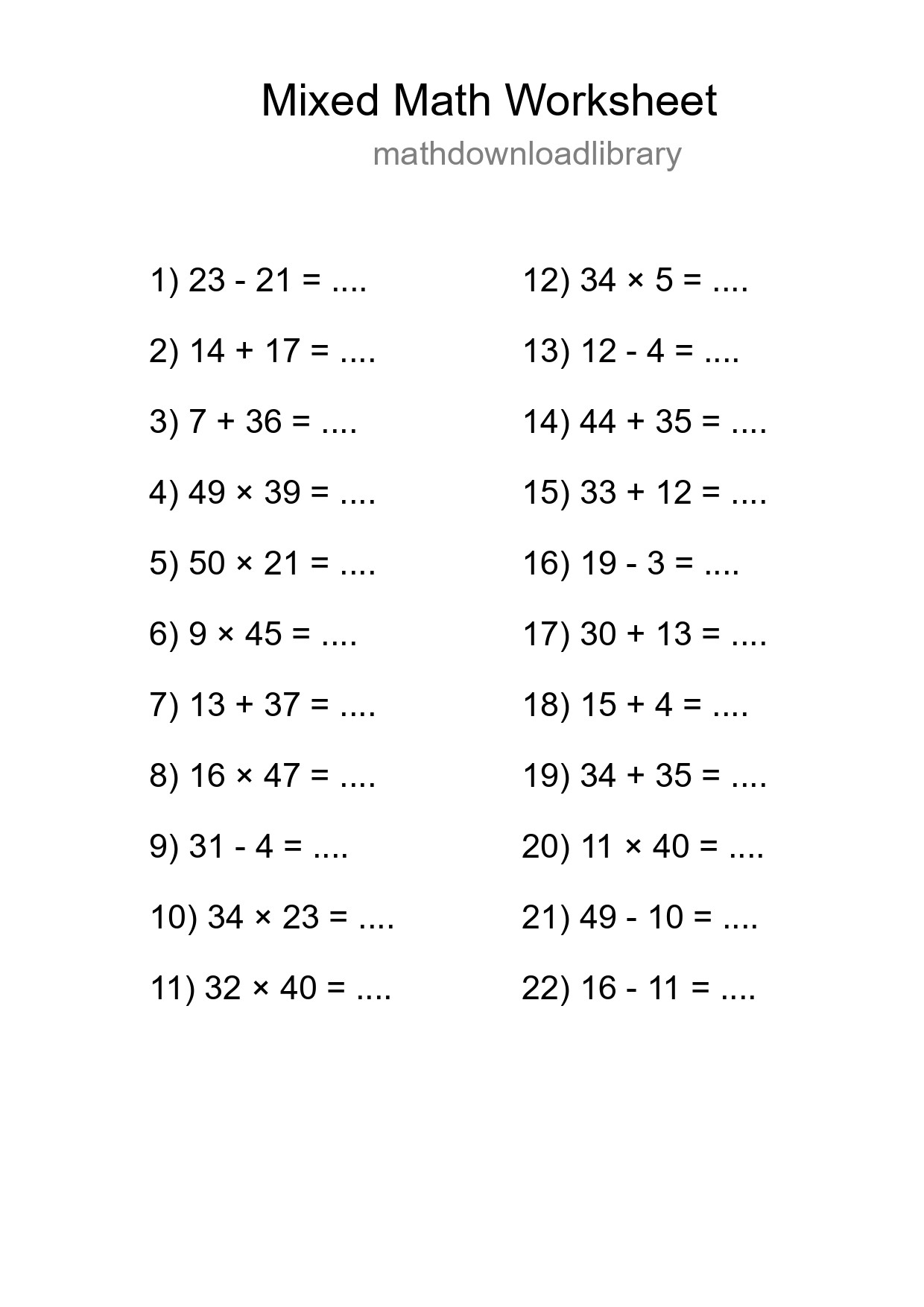 Mixed Operations Math Worksheet