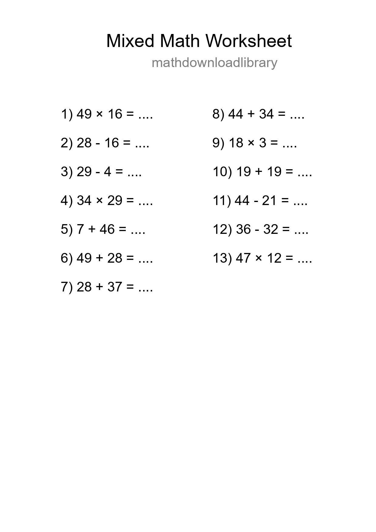 Mixed Operations Math Worksheet
