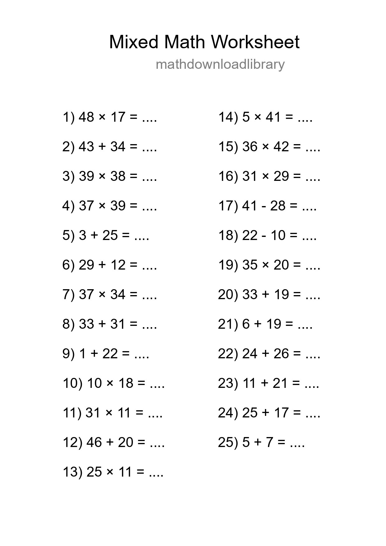 Mixed Operations Math Worksheet