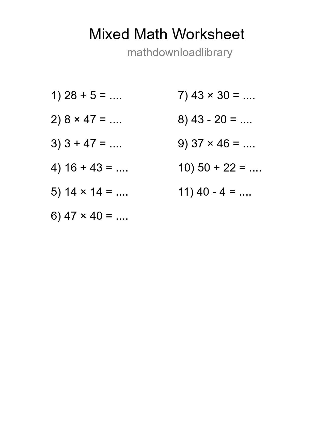 Mixed Operations Math Worksheet