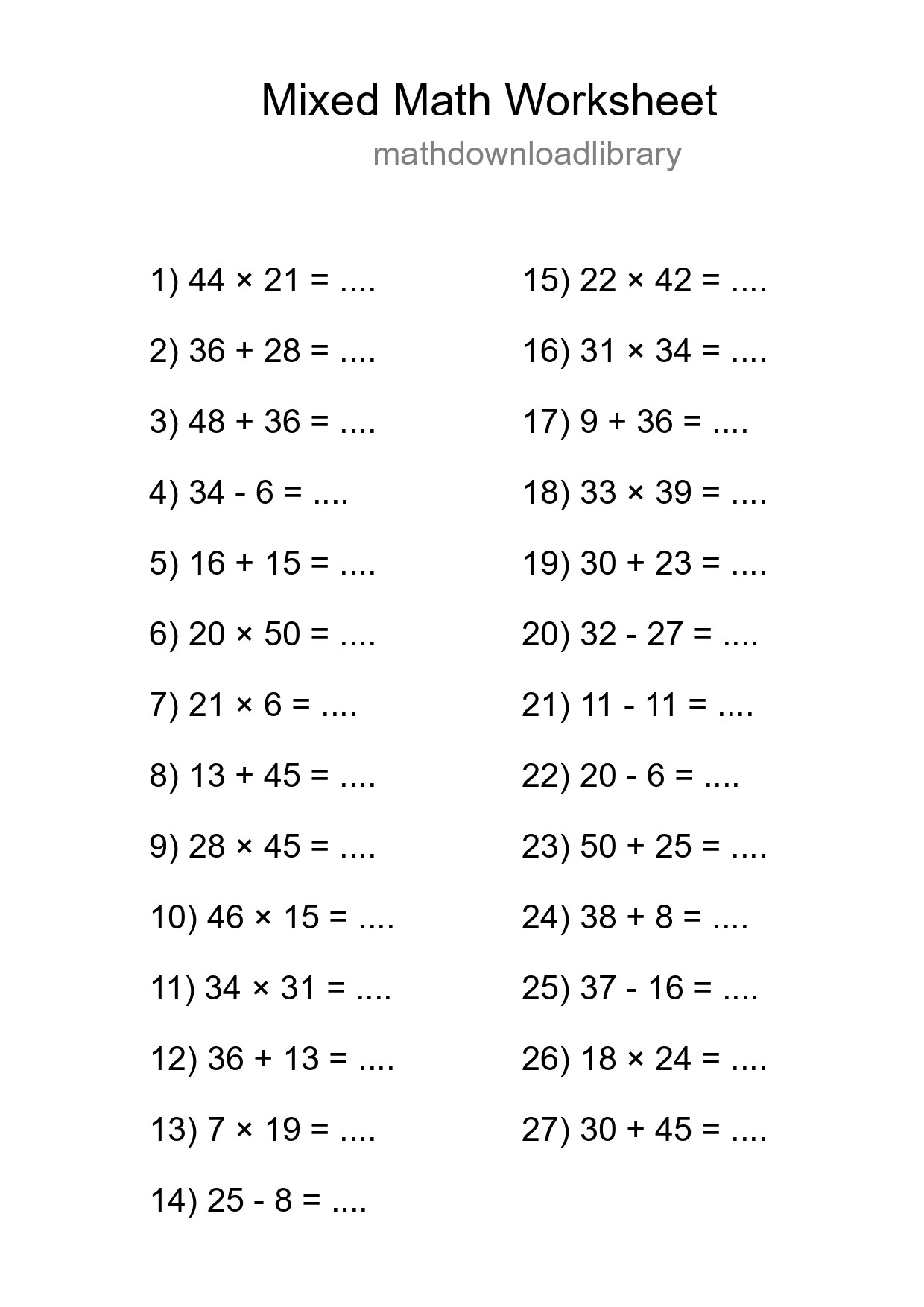 Mixed Operations Math Worksheet